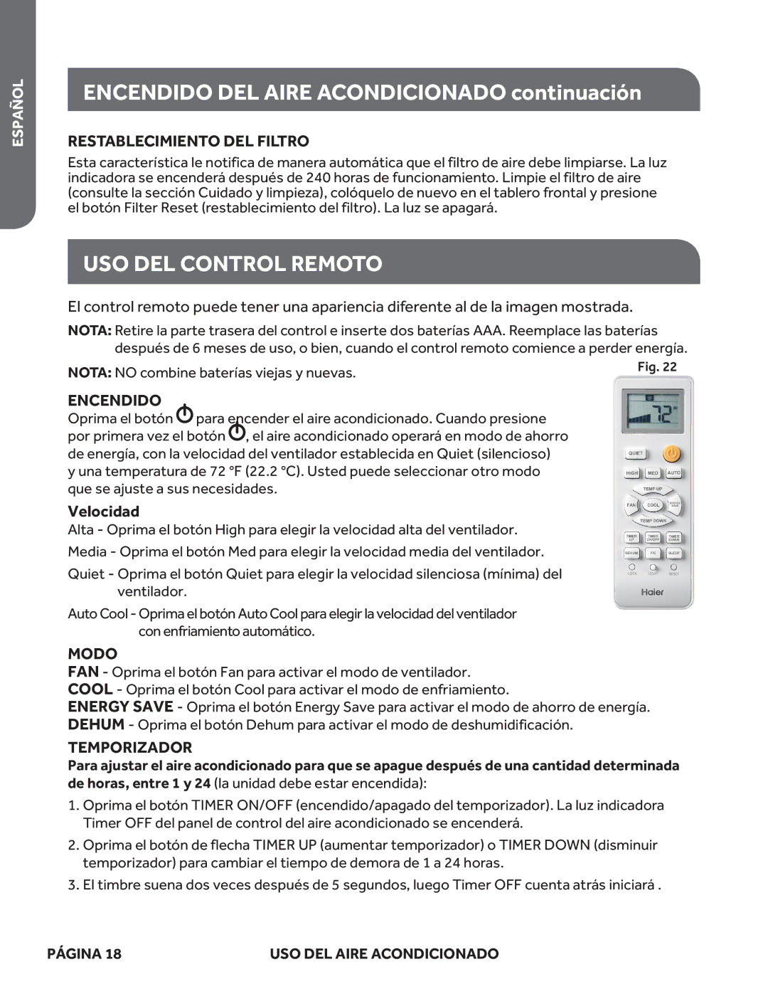 Haier ESAQ408P, ESAQ406P user manual USO DEL Control Remoto, Restablecimiento DEL Filtro, Encendido, Temporizador 