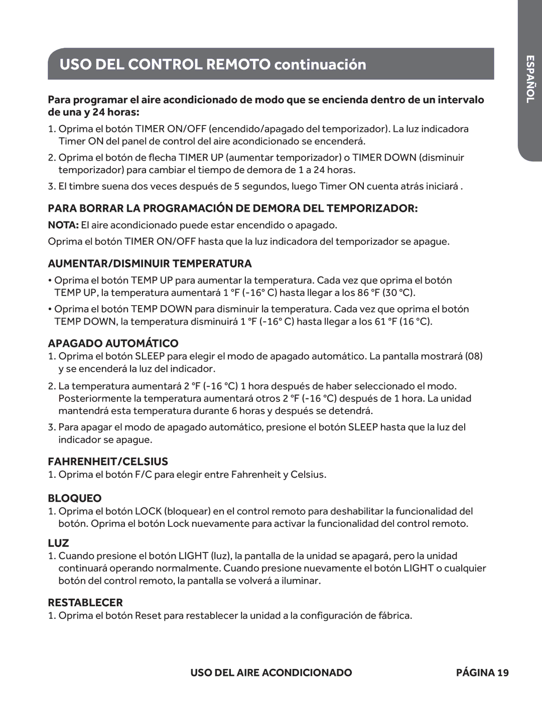 Haier ESAQ406P, ESAQ408P user manual USO DEL Control Remoto continuación 