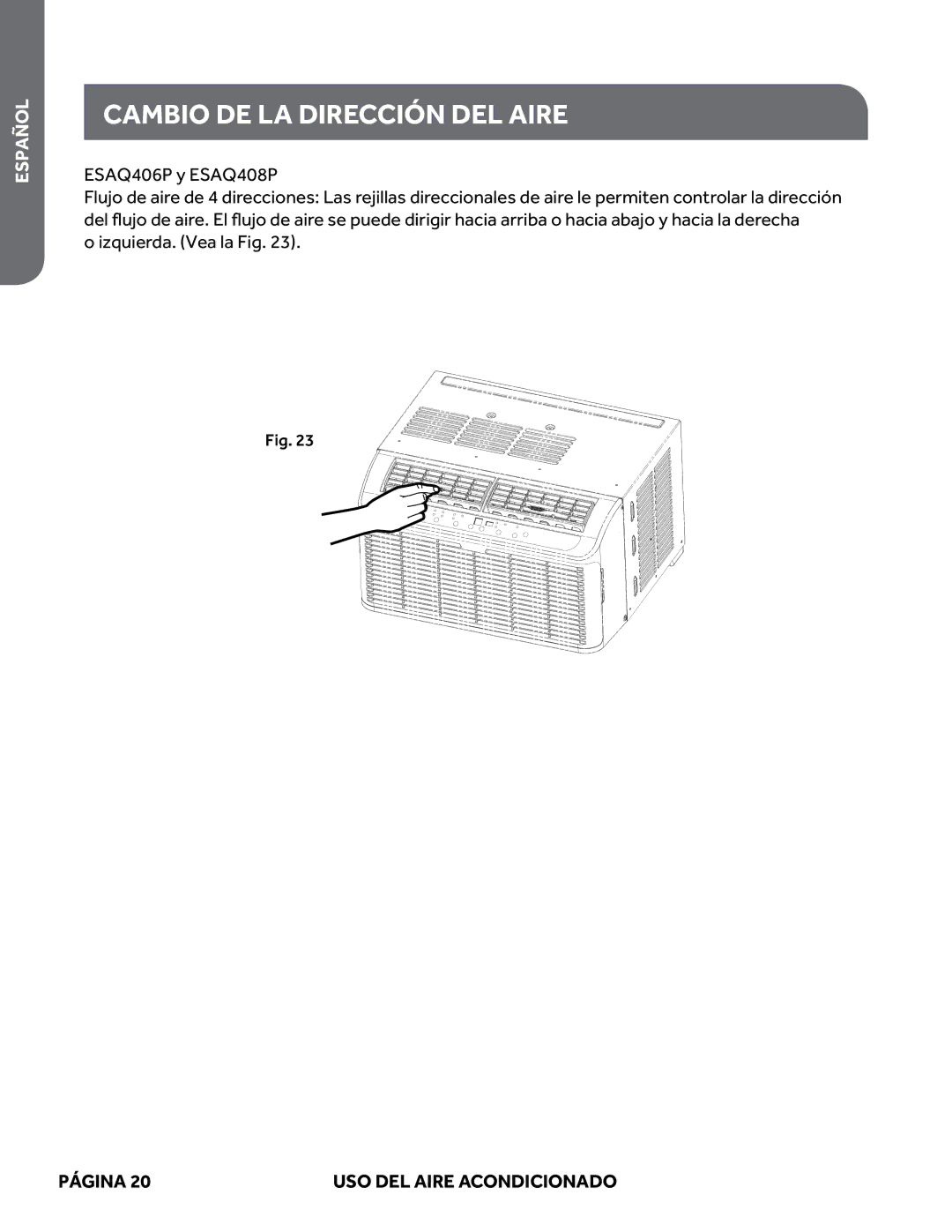 Haier ESAQ408P, ESAQ406P user manual Cambio DE LA Dirección DEL Aire 