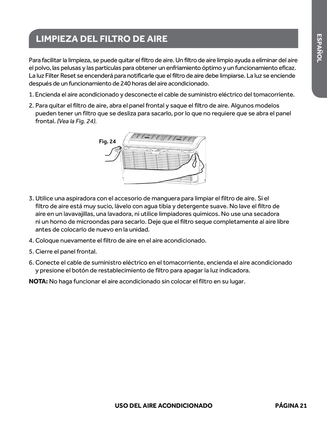 Haier ESAQ406P, ESAQ408P user manual Limpieza DEL Filtro DE Aire 