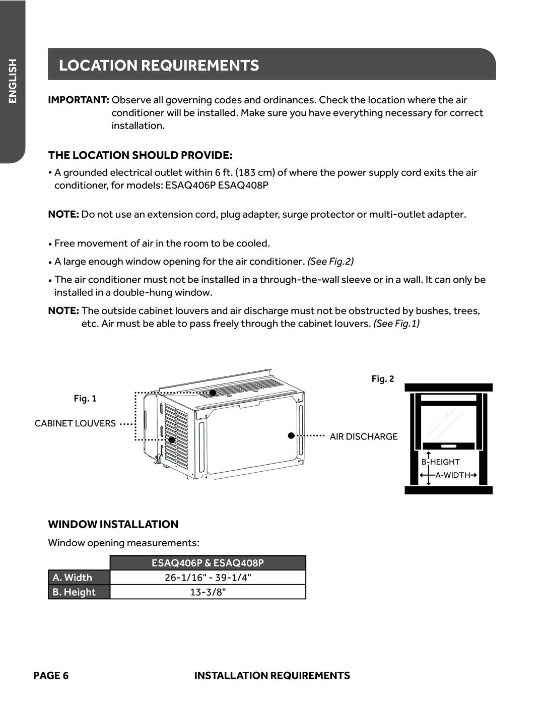 Haier ESAQ408P, ESAQ406P user manual Location Requirements, Location should Provide, Window Installation 