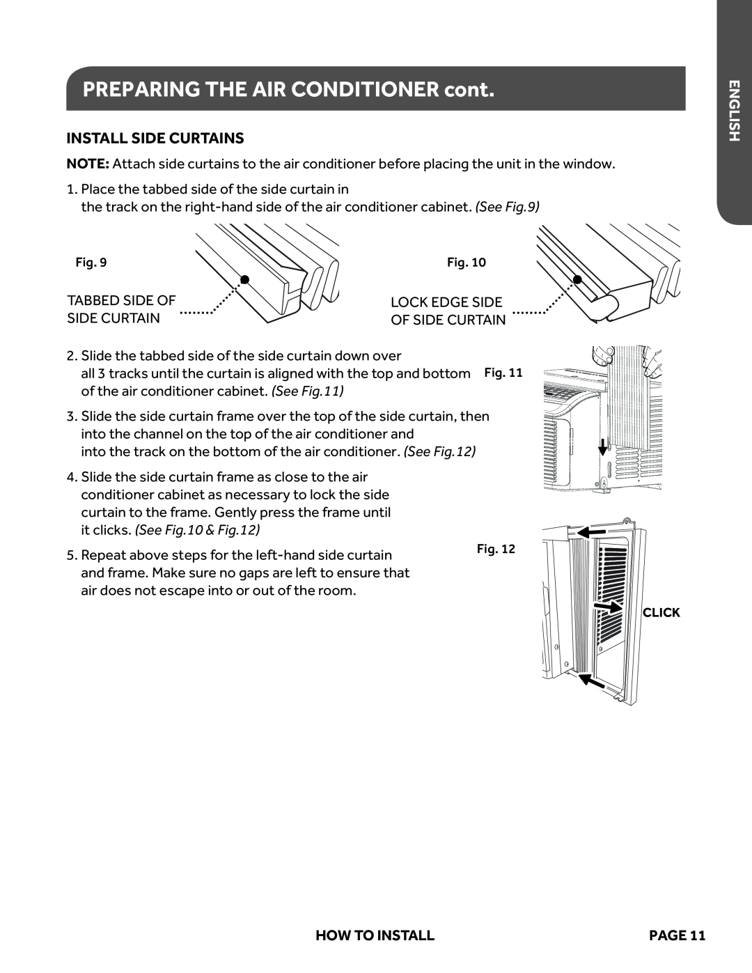 Haier ESAQ406P, ESAQ408P user manual PREPARING THE AIR CONDITIONER cont, Install Side Curtains, English, How To Install 