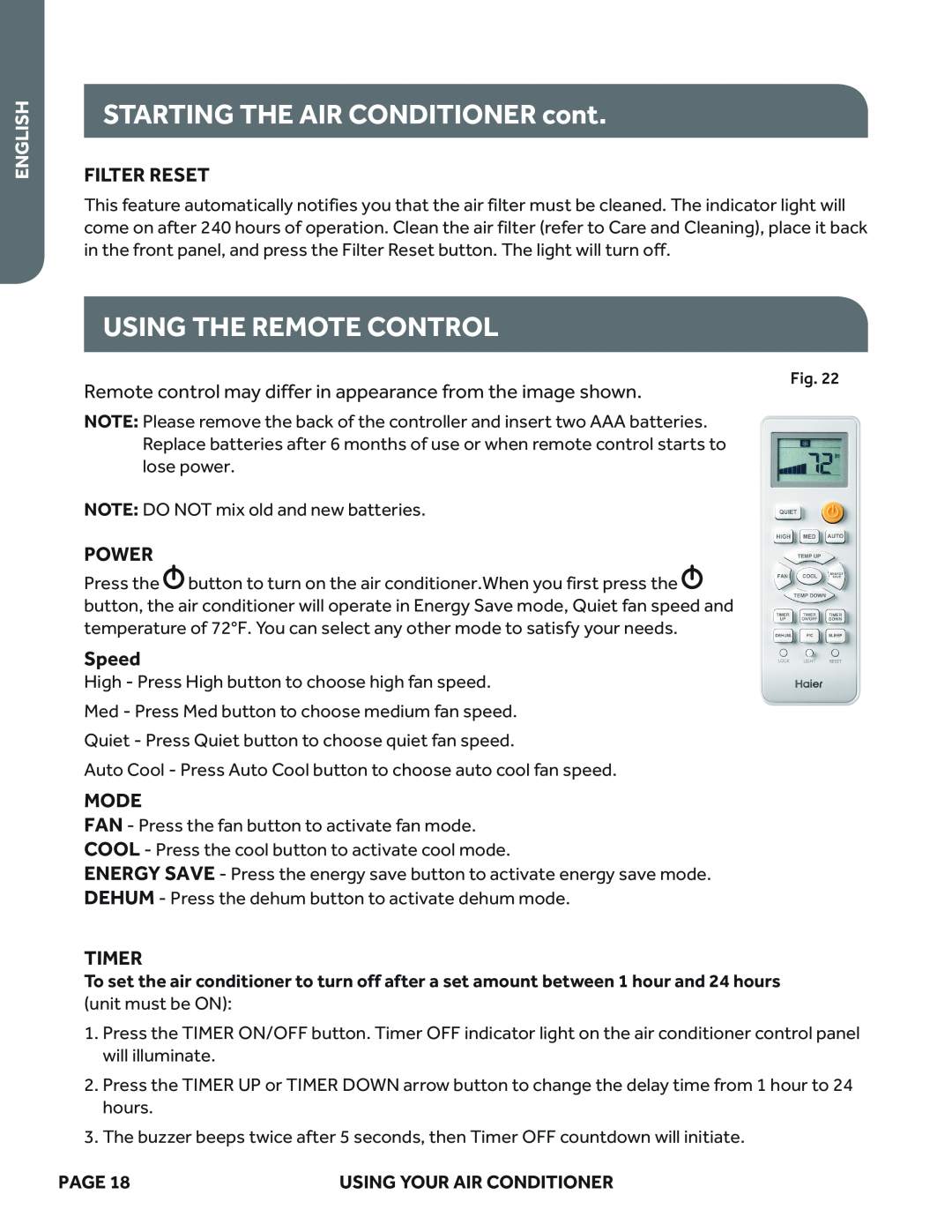 Haier ESAQ408P Using The Remote Control, STARTING THE AIR CONDITIONER cont, Filter Reset, Power, Speed, Mode, Timer, Page 
