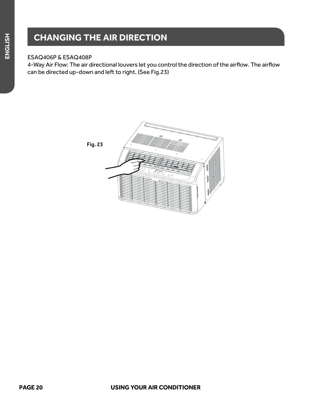 Haier user manual Changing The Air Direction, English, ESAQ406P & ESAQ408P, Page, Using Your Air Conditioner 