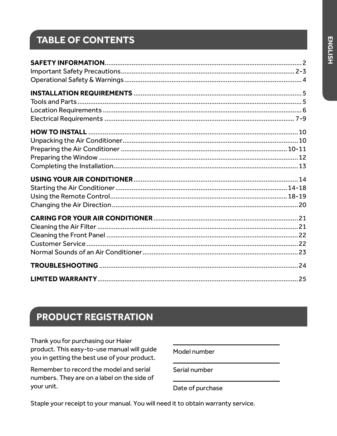 Haier ESAQ406P, ESAQ408P user manual Table Of Contents, Product Registration, English 