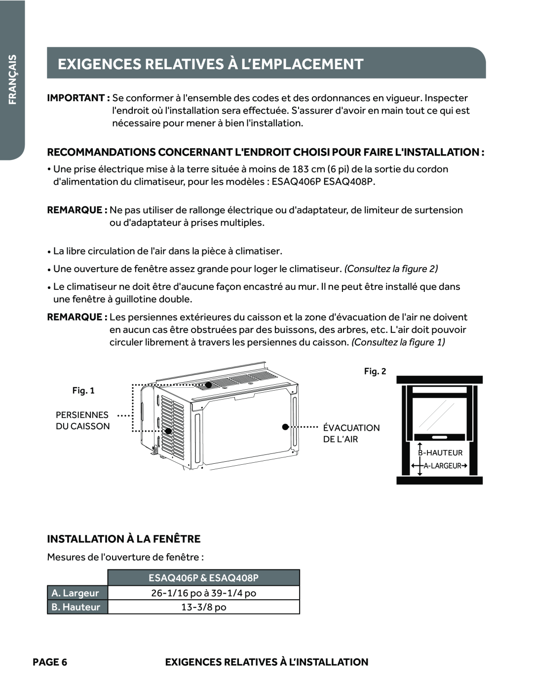 Haier ESAQ408P, ESAQ406P user manual Exigences Relatives À L’Emplacement, Installation À La Fenêtre, Français, Page 