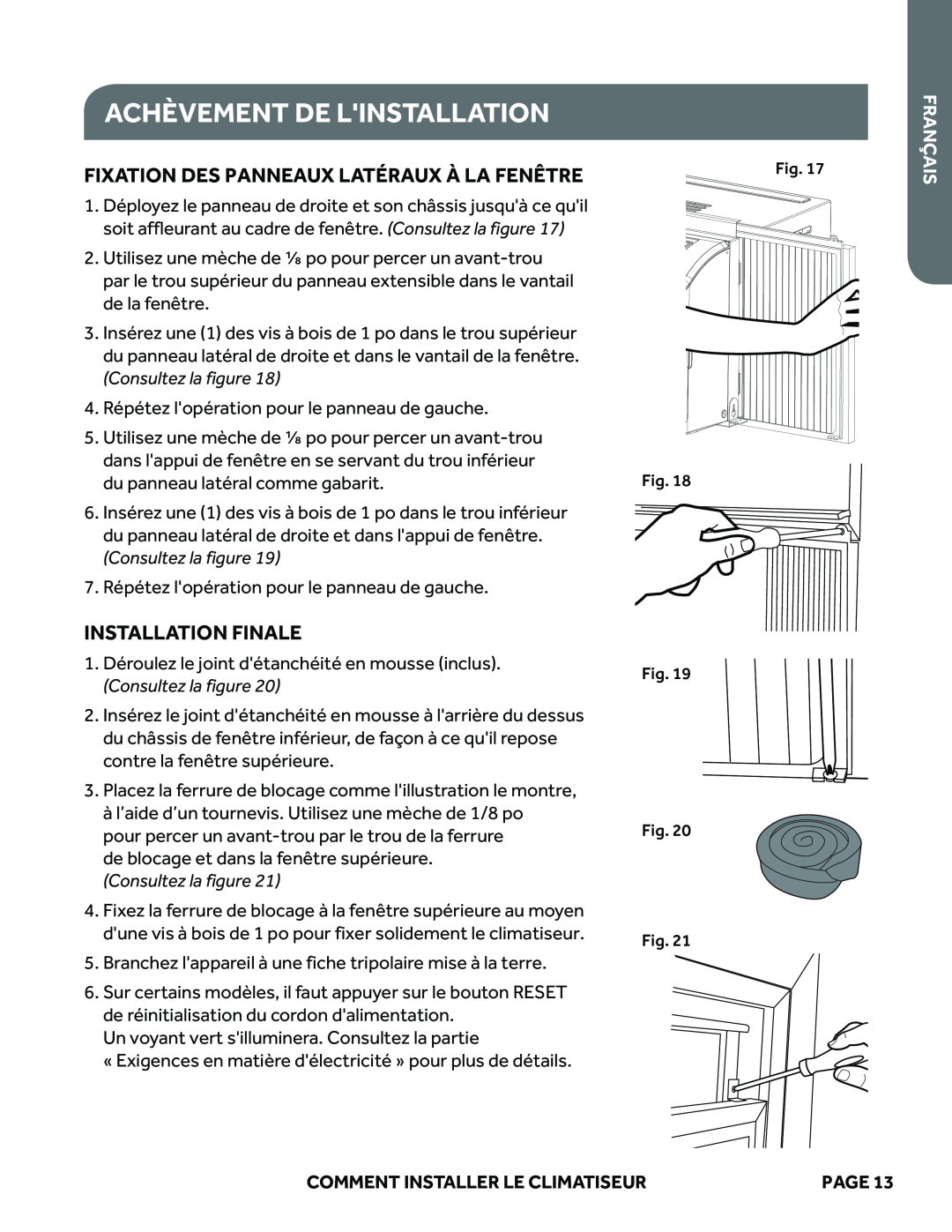 Haier ESAQ406P Achèvement De Linstallation, Fixation Des Panneaux Latéraux À La Fenêtre, Installation Finale, Français 