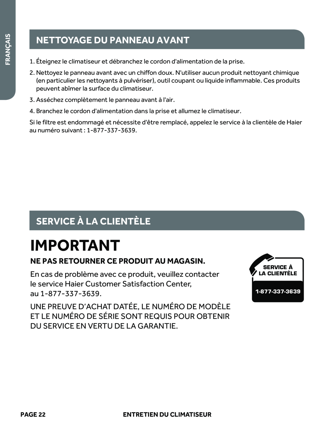 Haier ESAQ408P Nettoyage Du Panneau Avant, Service À La Clientèle, Ne Pas Retourner Ce Produit Au Magasin, Français, Page 