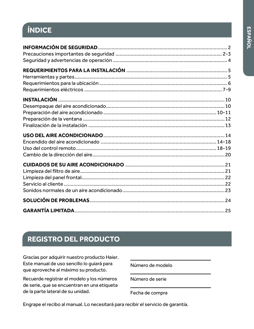 Haier ESAQ406P, ESAQ408P user manual Índice, Registro Del Producto, Español 