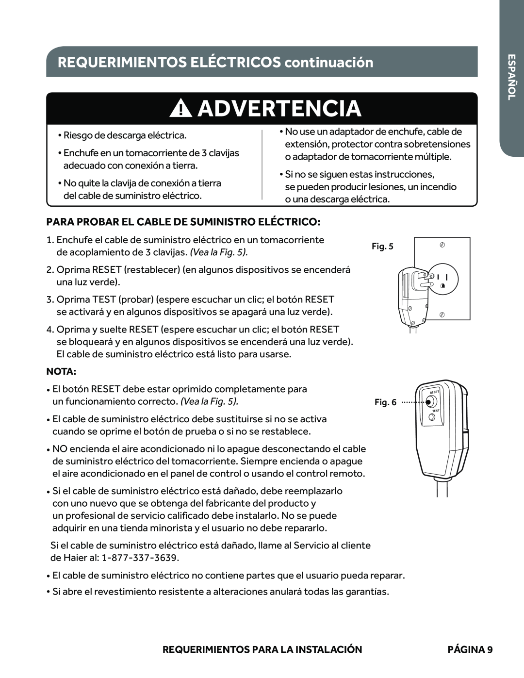 Haier ESAQ406P Advertencia, REQUERIMIENTOS ELÉCTRICOS continuación, Para Probar El Cable De Suministro Eléctrico, Español 
