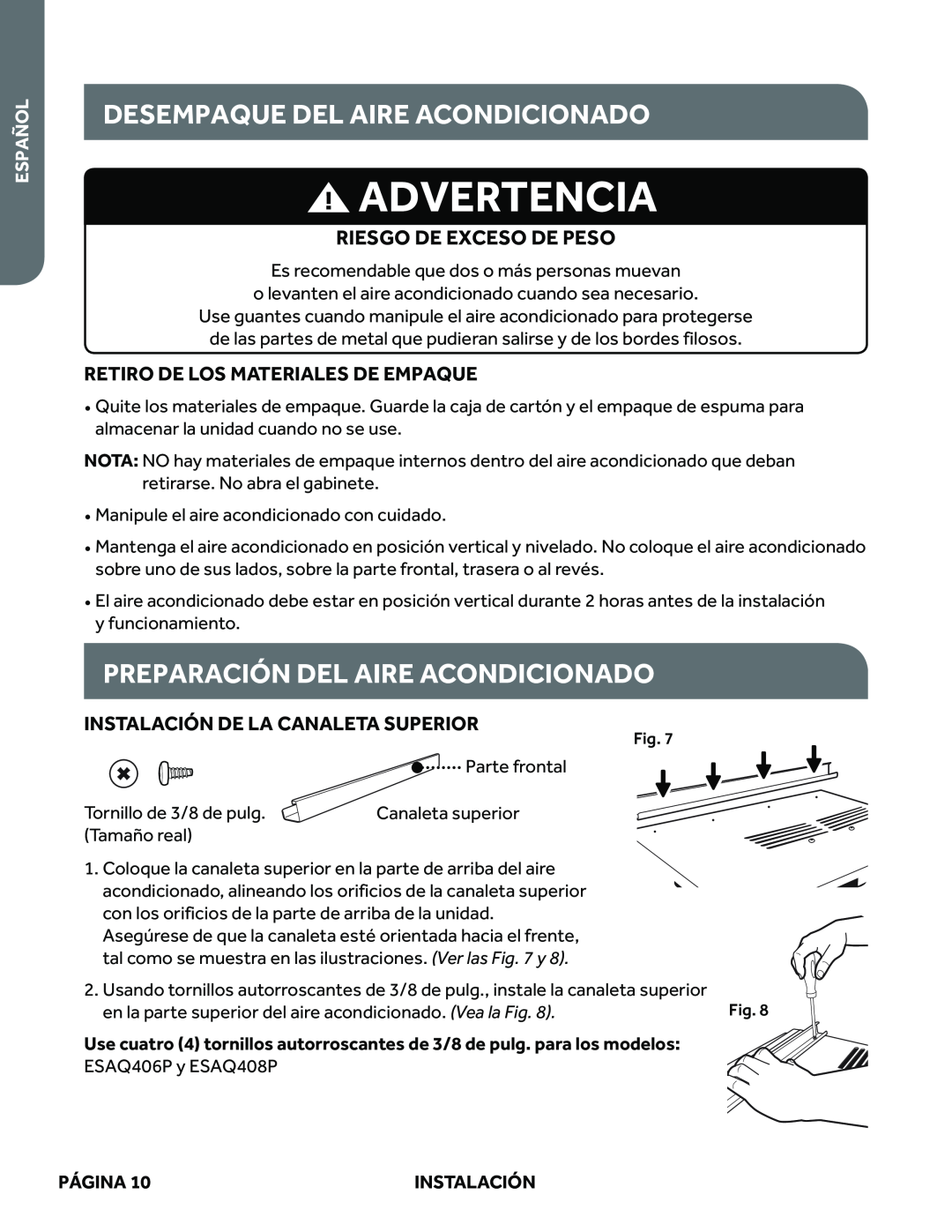 Haier ESAQ408P Desempaque Del Aire Acondicionado, Preparación Del Aire Acondicionado, Advertencia, Español, Página 