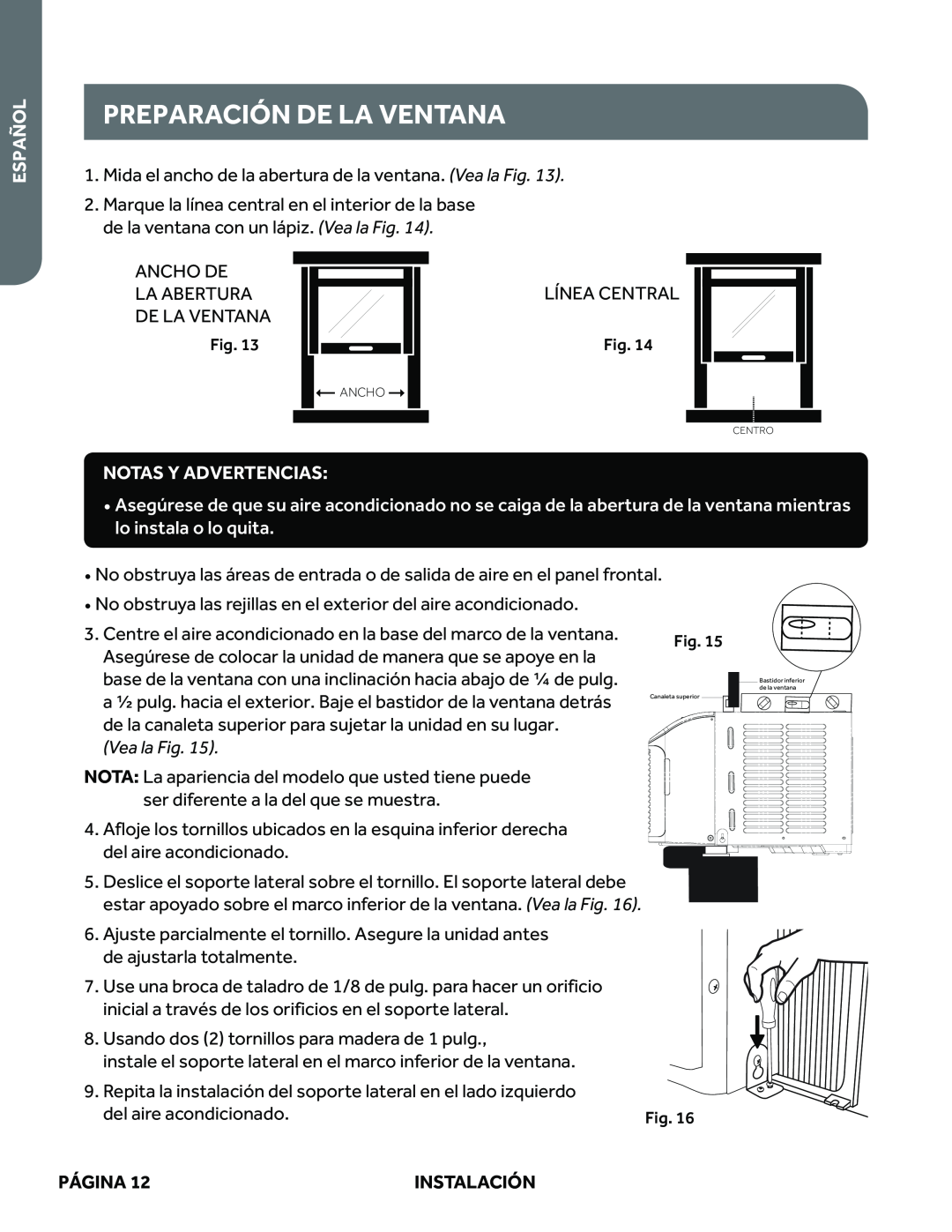 Haier ESAQ408P, ESAQ406P user manual Preparación De La Ventana, Español, Notas Y Advertencias, Vea la Fig, Página 