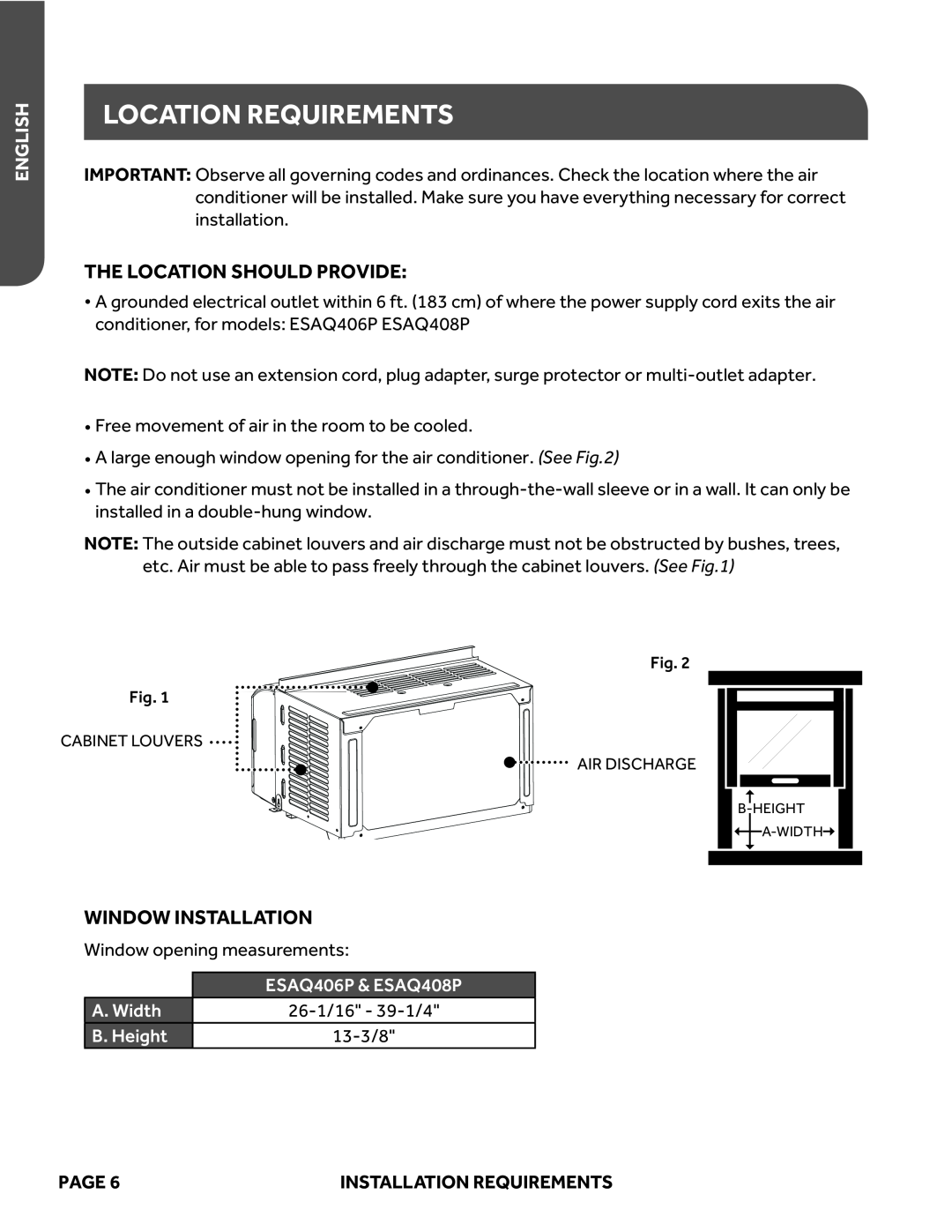 Haier ESAQ408P, ESAQ406P user manual Location Requirements, The Location Should Provide, Window Installation, English, Page 