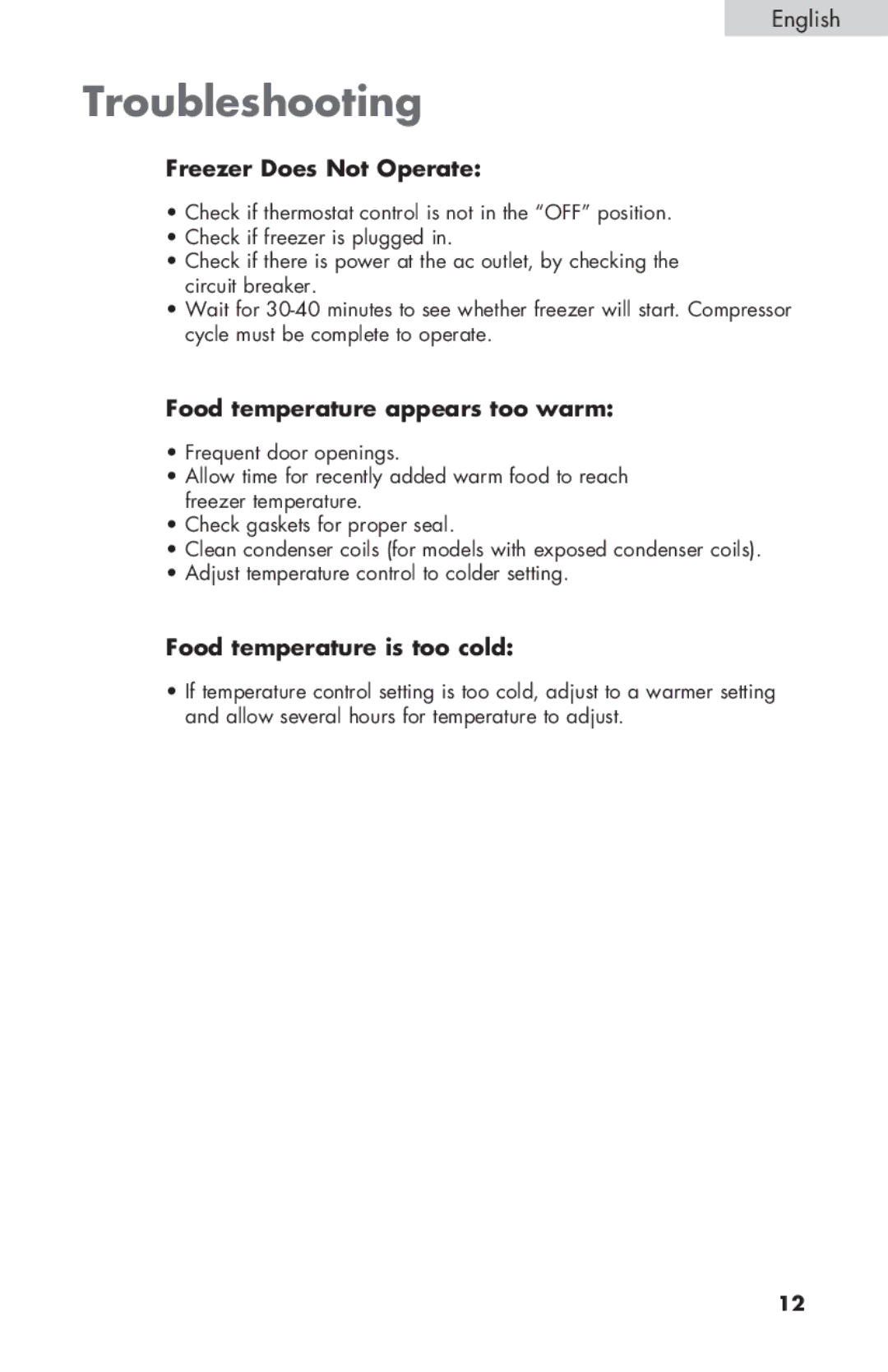 Haier ESCM050EC Troubleshooting, Freezer Does Not Operate, Food temperature appears too warm, Food temperature is too cold 