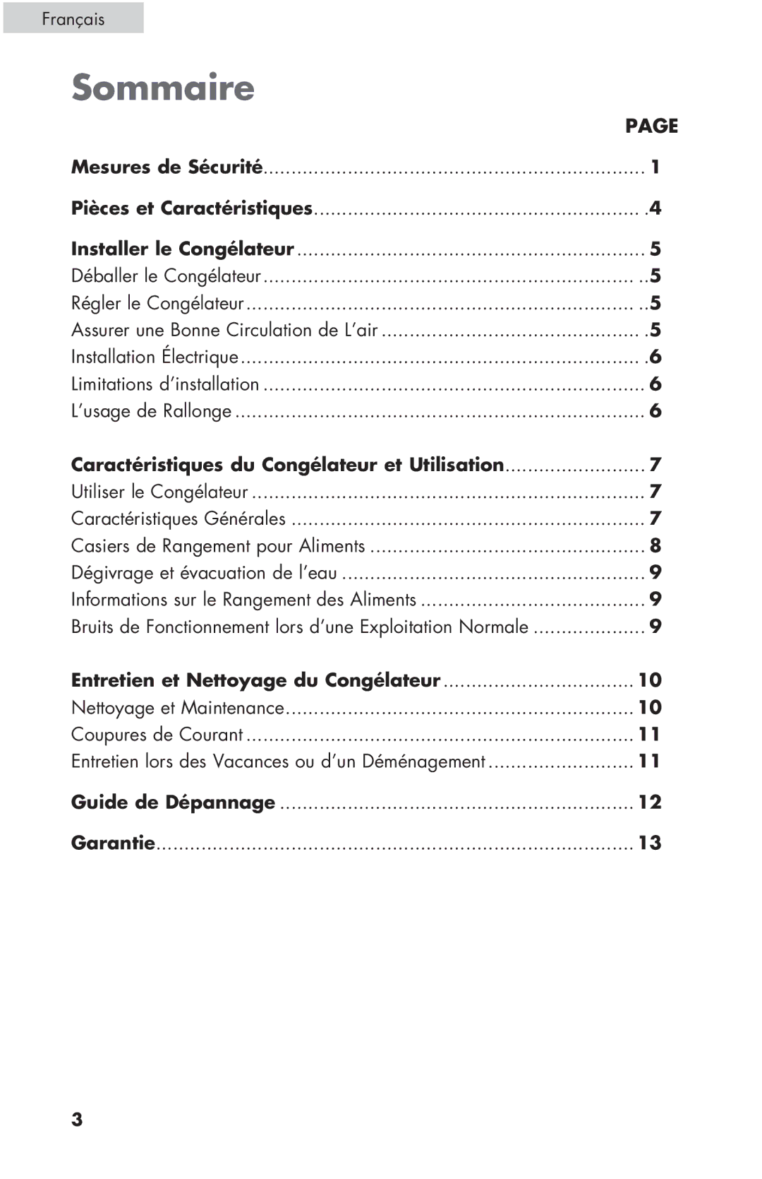 Haier ESCM050EC user manual Sommaire, Entretien et Nettoyage du Congélateur, Français 