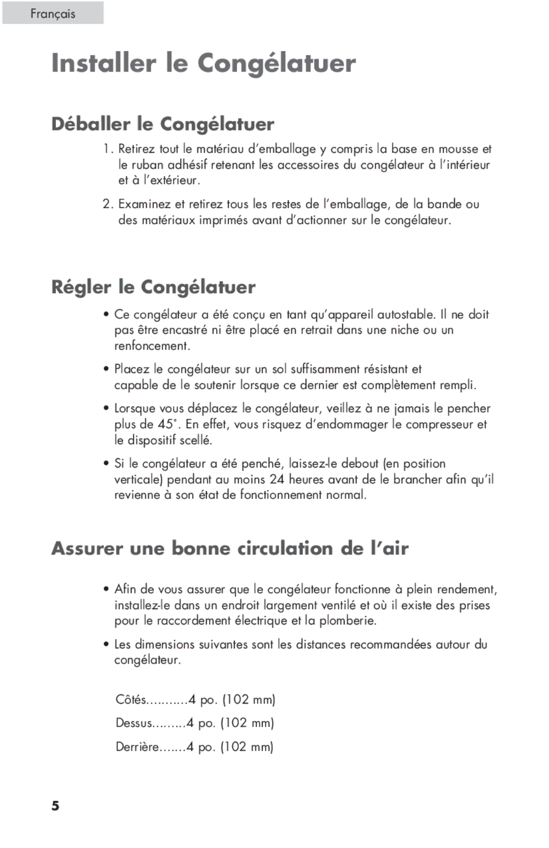 Haier ESCM050EC user manual Installer le Congélatuer, Déballer le Congélatuer, Régler le Congélatuer 