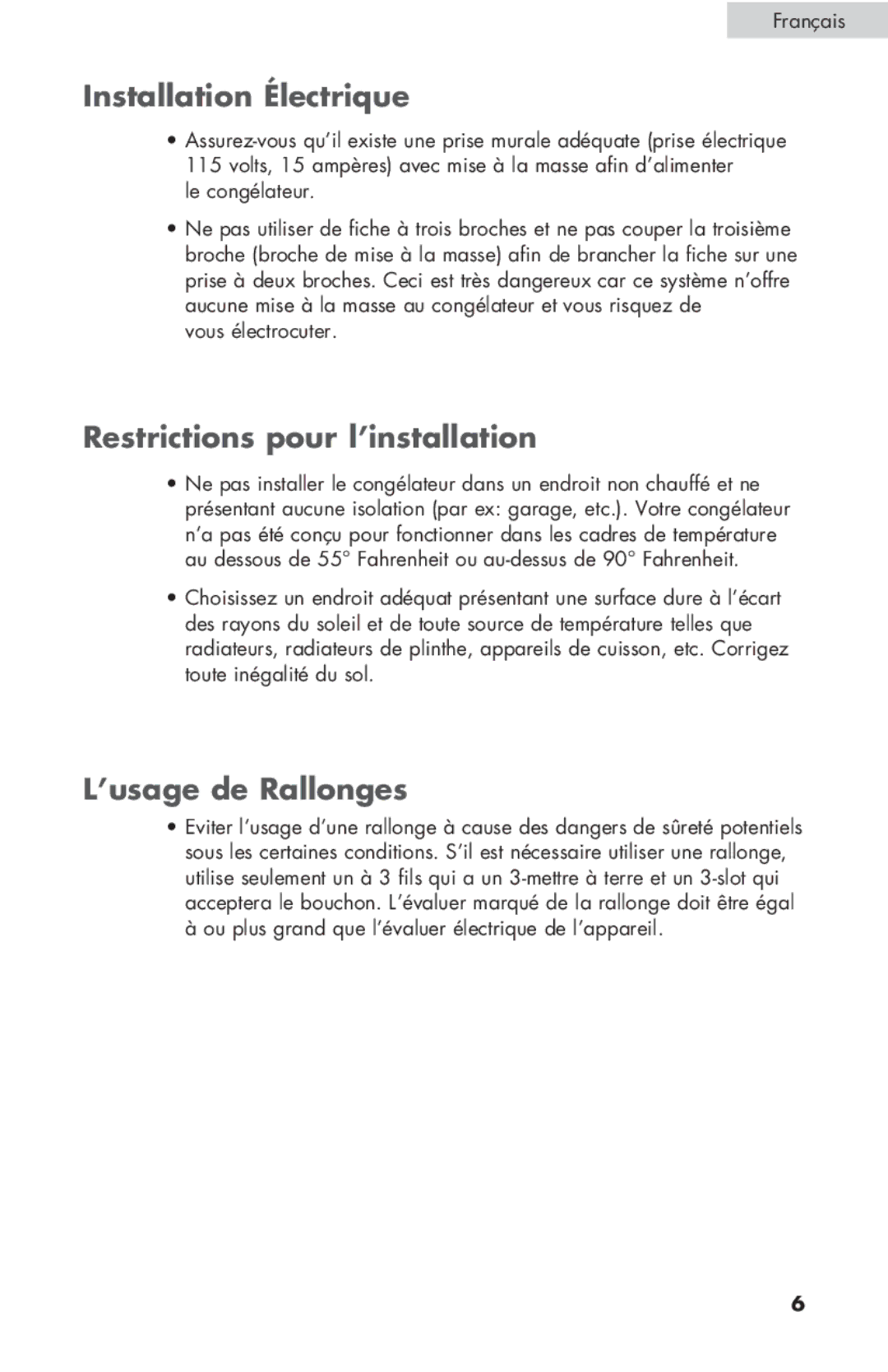 Haier ESCM050EC user manual Installation Électrique, Restrictions pour l’installation, ’usage de Rallonges 