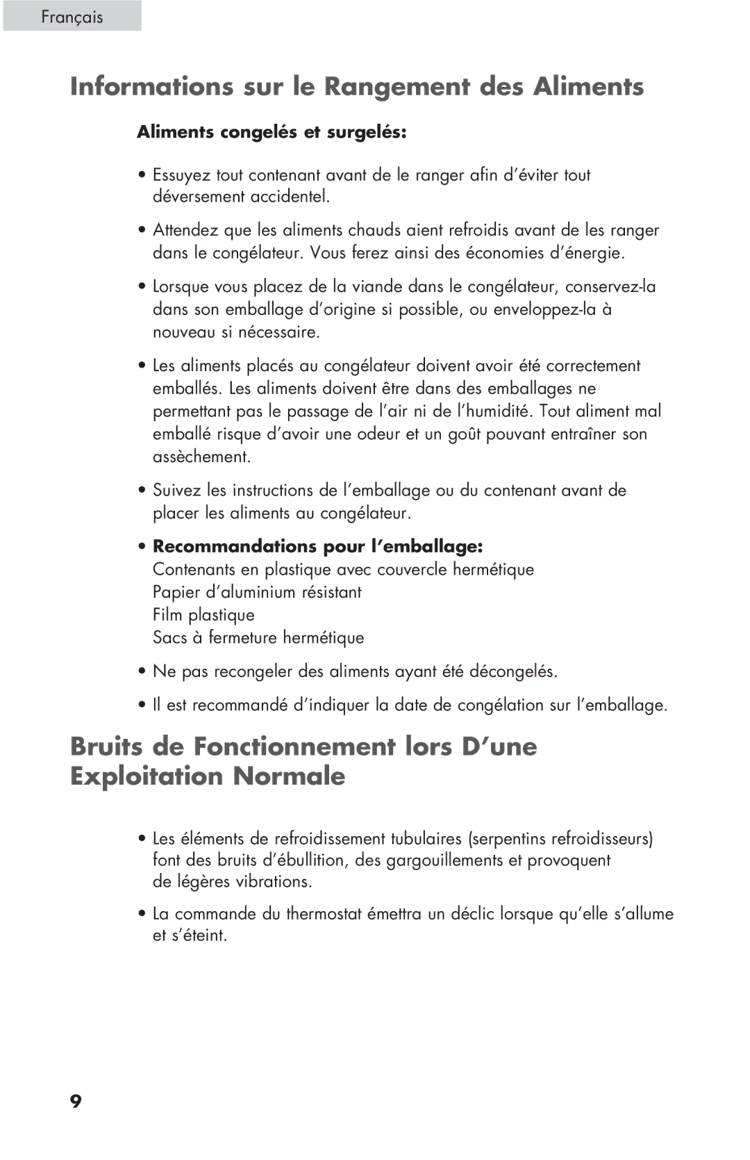 Haier ESCM050EC Informations sur le Rangement des Aliments, Bruits de Fonctionnement lors D’une Exploitation Normale 