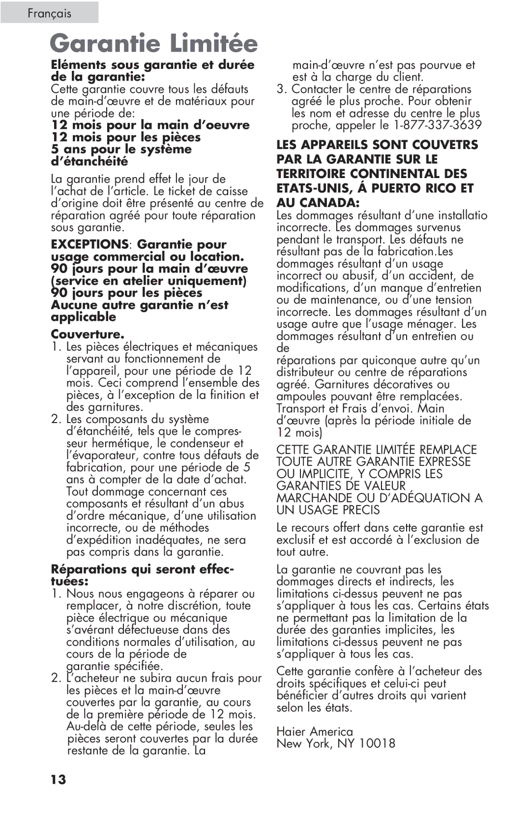 Haier ESCM050EC Garantie Limitée, Eléments sous garantie et durée de la garantie, Réparations qui seront effec- tuées 