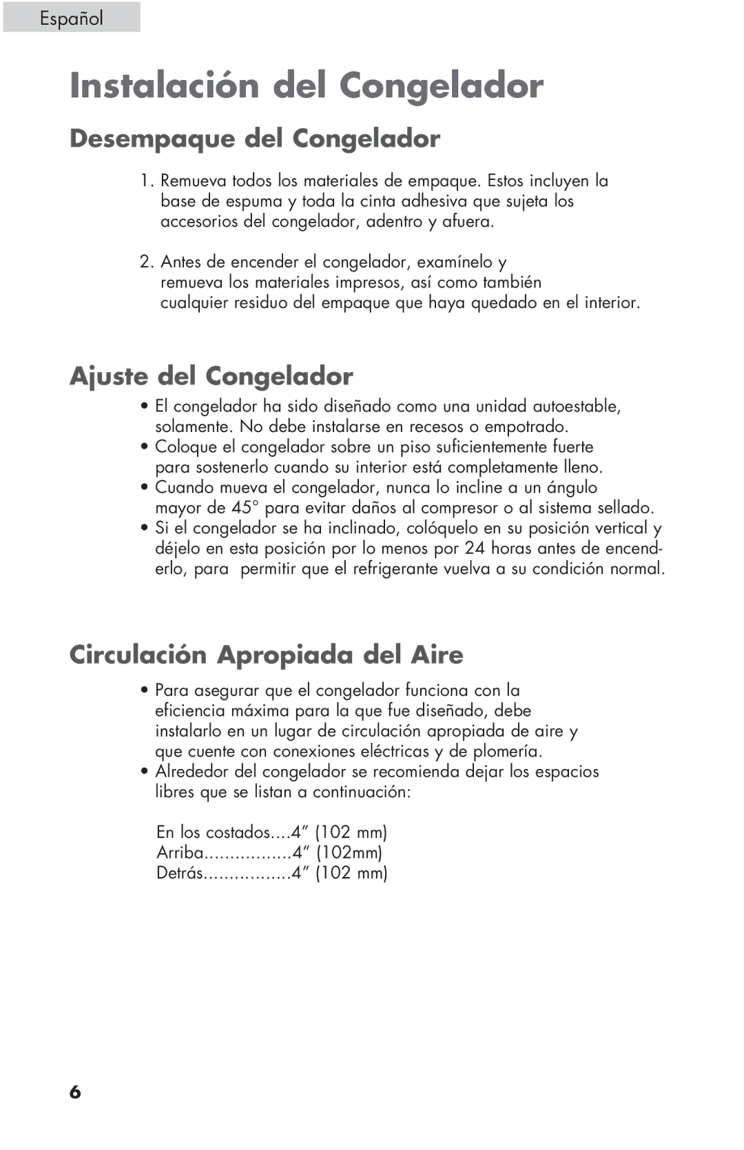 Haier ESCM050EC user manual Instalación del Congelador, Desempaque del Congelador, Ajuste del Congelador 