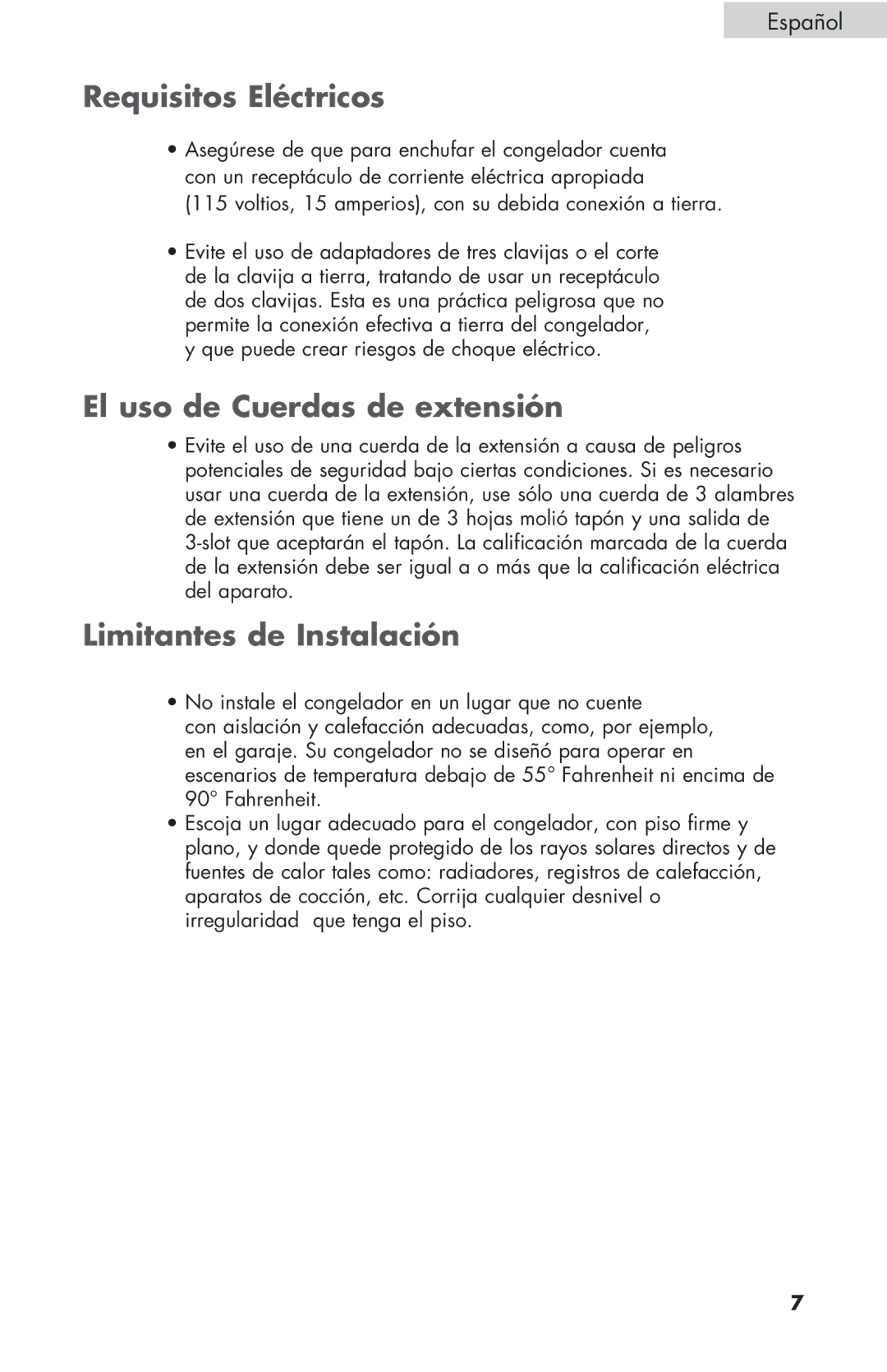 Haier ESCM050EC user manual Requisitos Eléctricos, El uso de Cuerdas de extensión, Limitantes de Instalación 