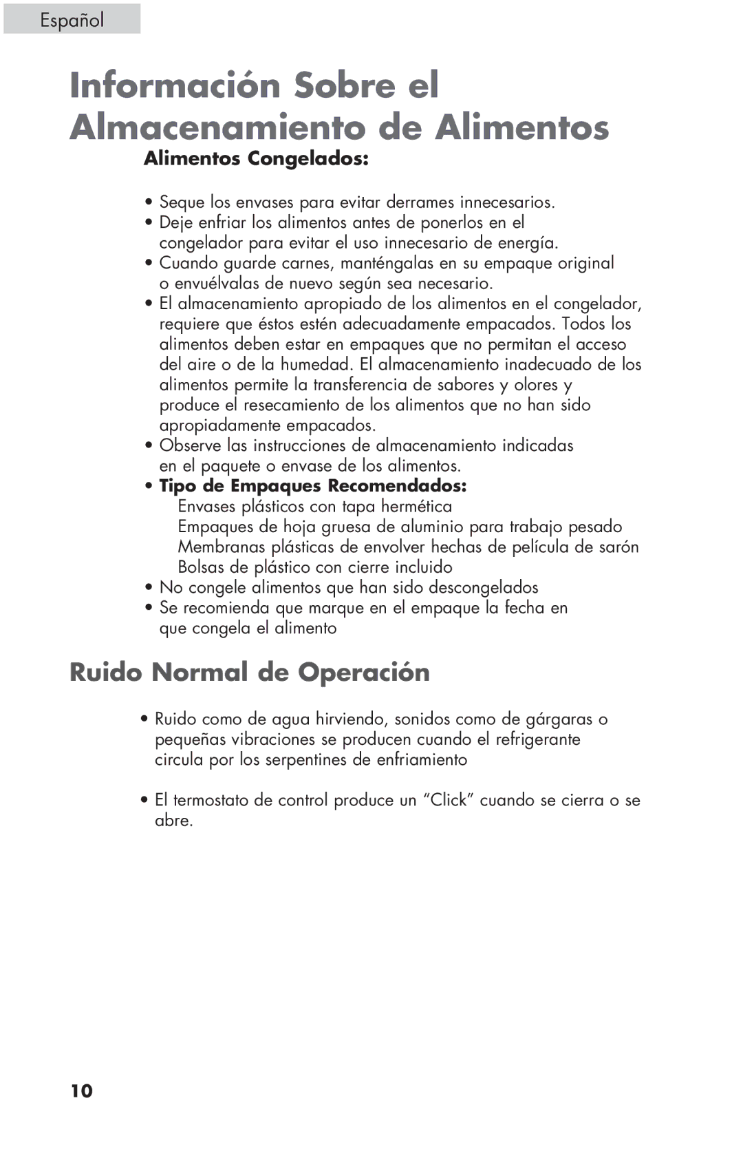 Haier ESCM050EC Información Sobre el Almacenamiento de Alimentos, Ruido Normal de Operación, Alimentos Congelados 