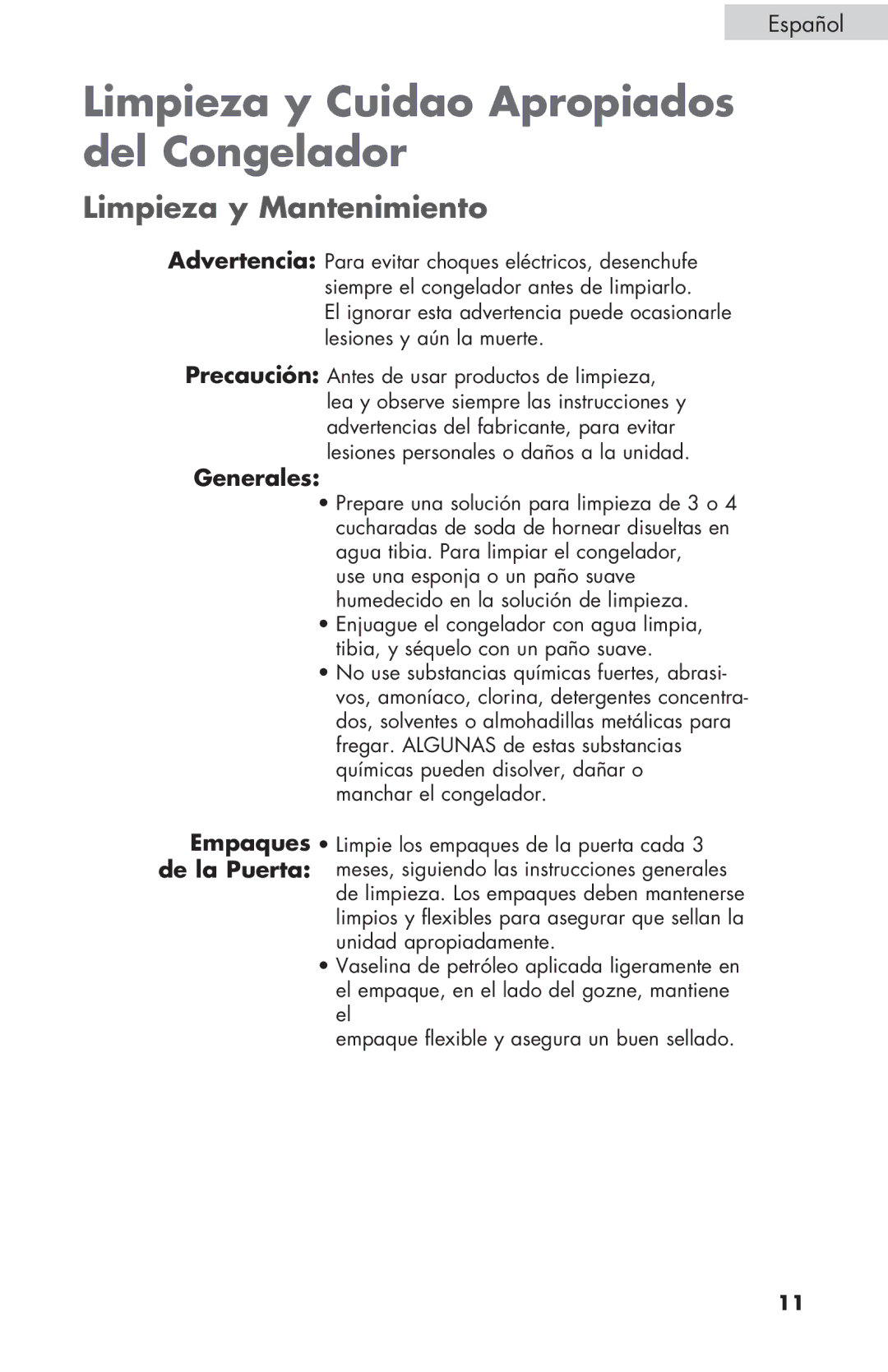 Haier ESCM050EC user manual Limpieza y Cuidao Apropiados del Congelador, Limpieza y Mantenimiento, Generales 