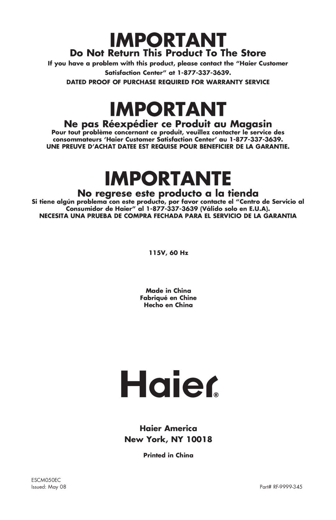 Haier ESCM050EC user manual Do Not Return This Product To The Store, Haier America New York, NY 