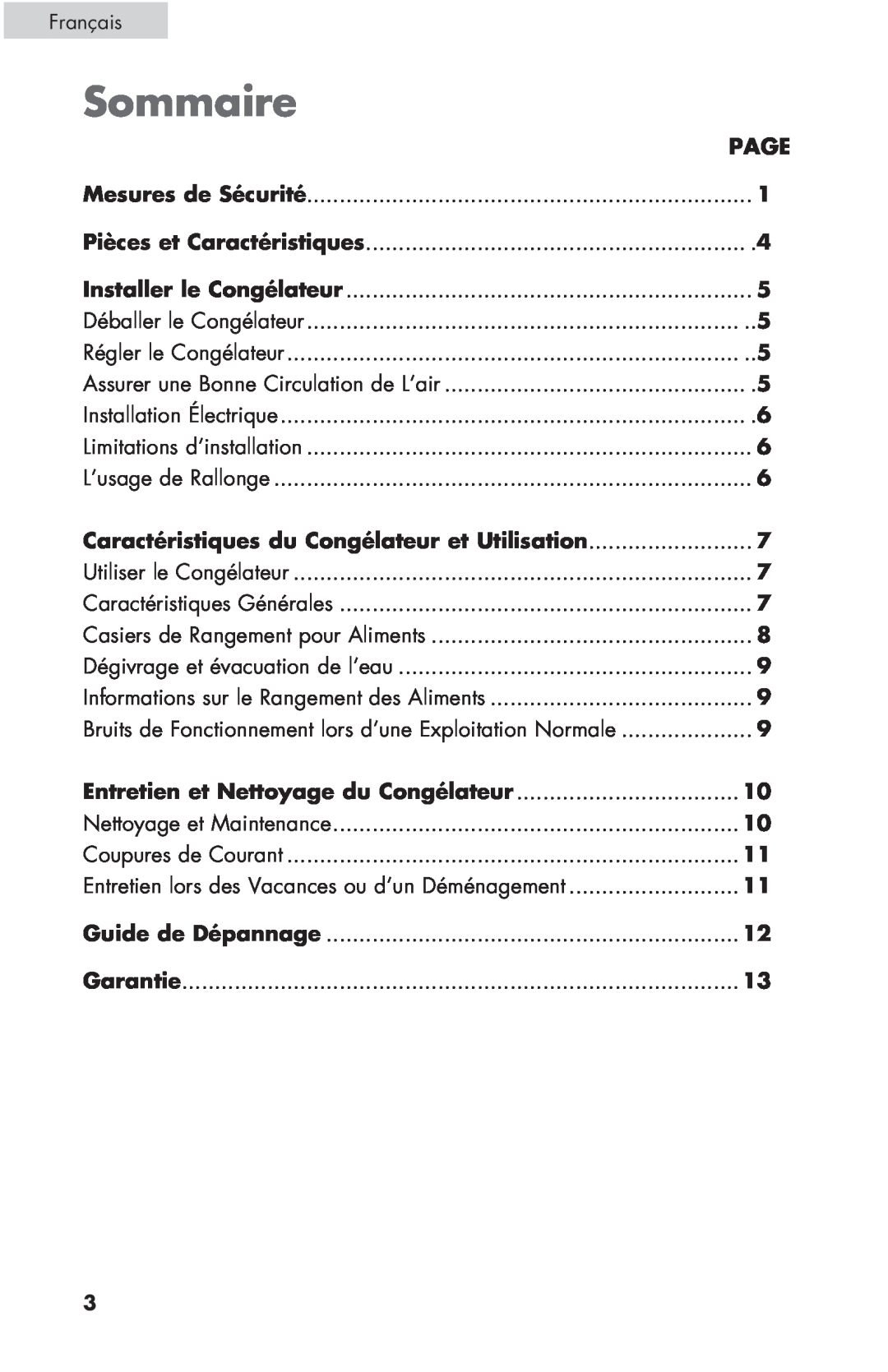 Haier ESCM050EC user manual Sommaire, Entretien et Nettoyage du Congélateur, Page 