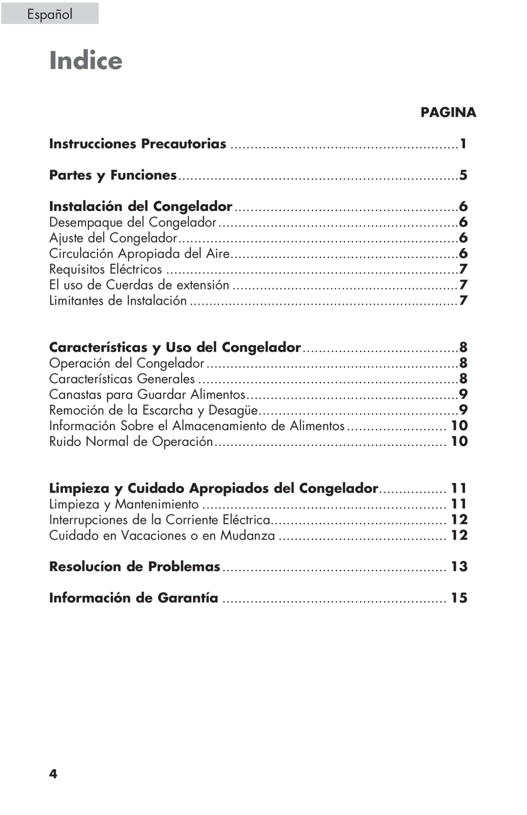 Haier ESCM050EC user manual Indice, Español, Pagina, Limpieza y Cuidado Apropiados del Congelador 