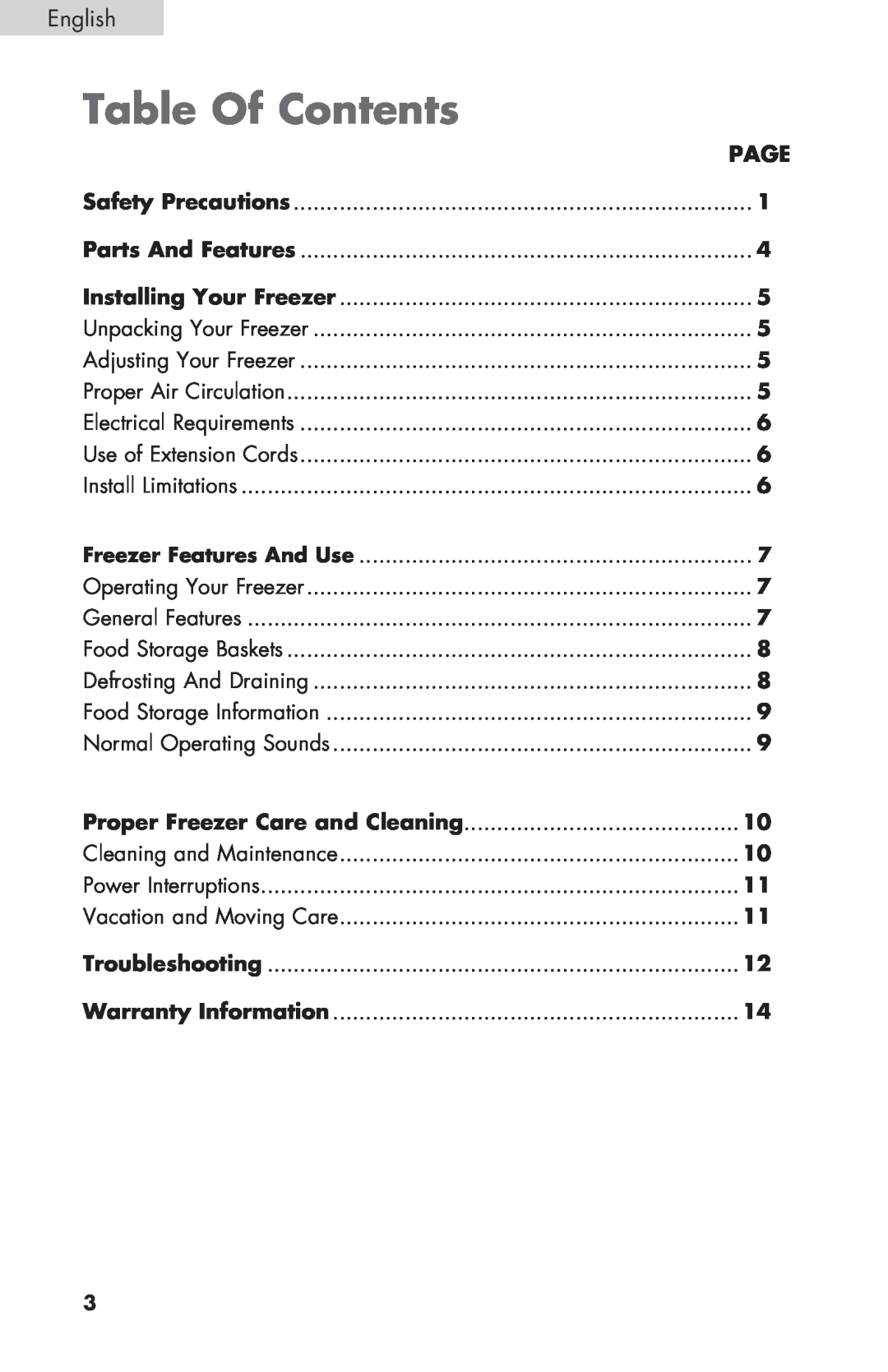 Haier ESCM050EC user manual Table Of Contents, English, Page 