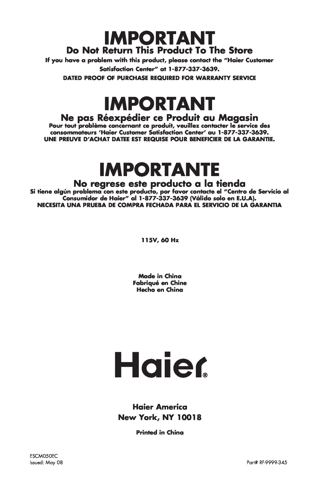 Haier ESCM050EC user manual Importante, Do Not Return This Product To The Store, Ne pas Réexpédier ce Produit au Magasin 