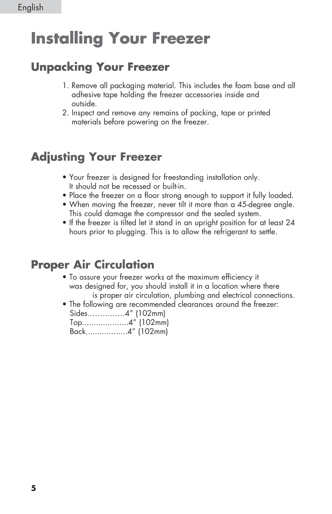 Haier ESCM050EC user manual Installing Your Freezer, Unpacking Your Freezer, Adjusting Your Freezer, Proper Air Circulation 