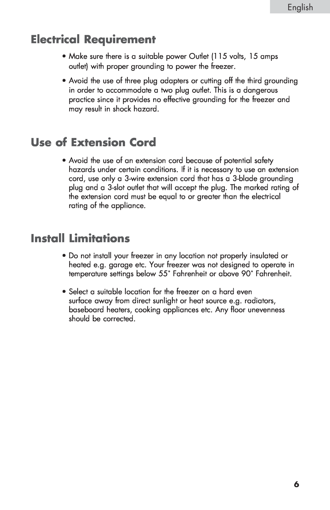 Haier ESCM050EC user manual Electrical Requirement, Use of Extension Cord, Install Limitations 