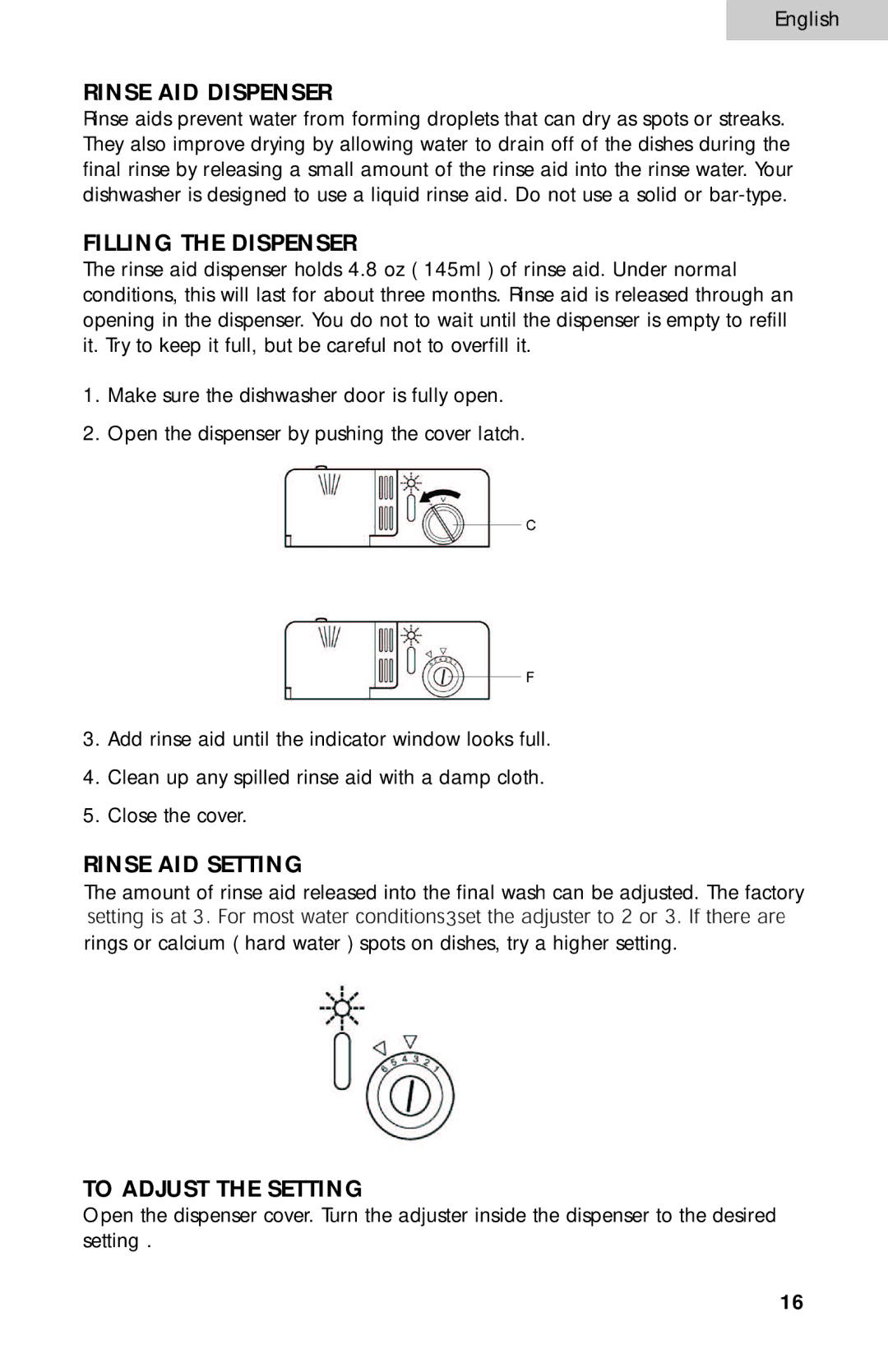 Haier ESD300 user manual Rinse AID Dispenser, Filling the Dispenser, Rinse AID Setting, To Adjust the Setting 