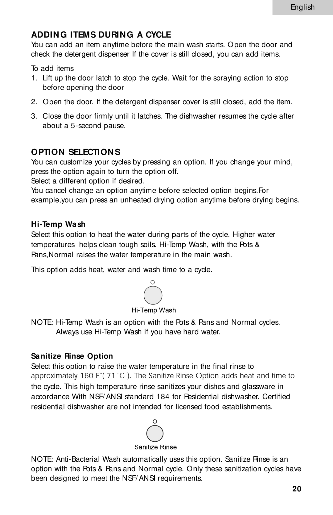 Haier ESD300 user manual Adding Items During a Cycle, Option Selections, Hi-Temp Wash, Sanitize Rinse Option 