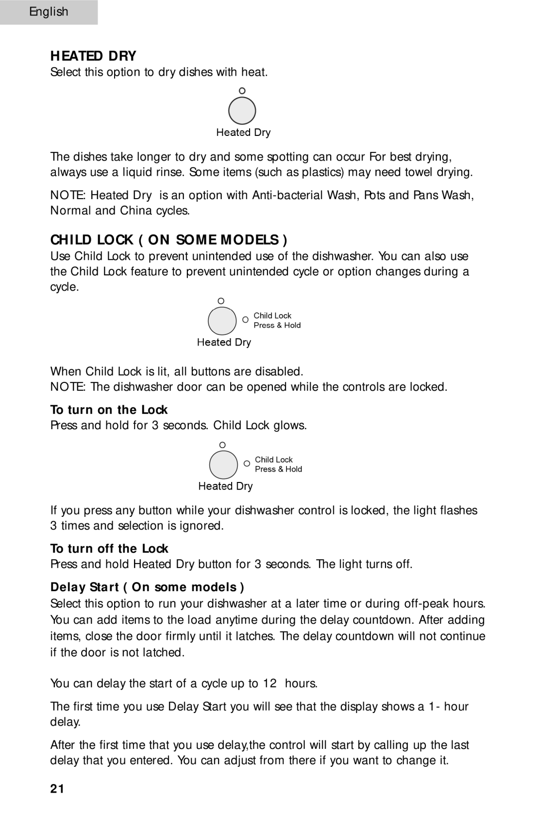 Haier ESD300 Heated DRY, Child Lock on Some Models, To turn on the Lock, To turn off the Lock, Delay Start On some models 