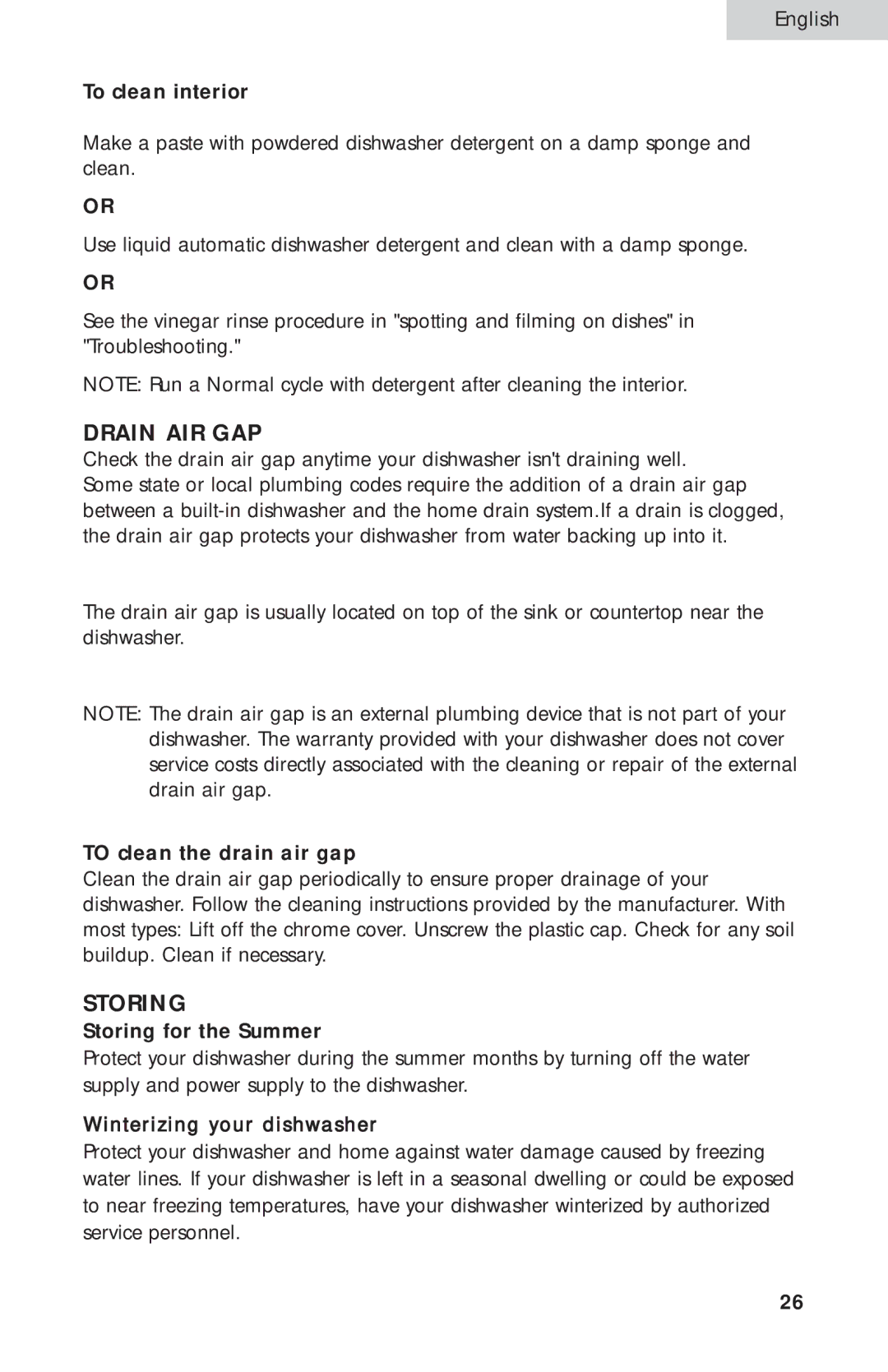 Haier ESD300 user manual Drain AIR GAP, Storing 