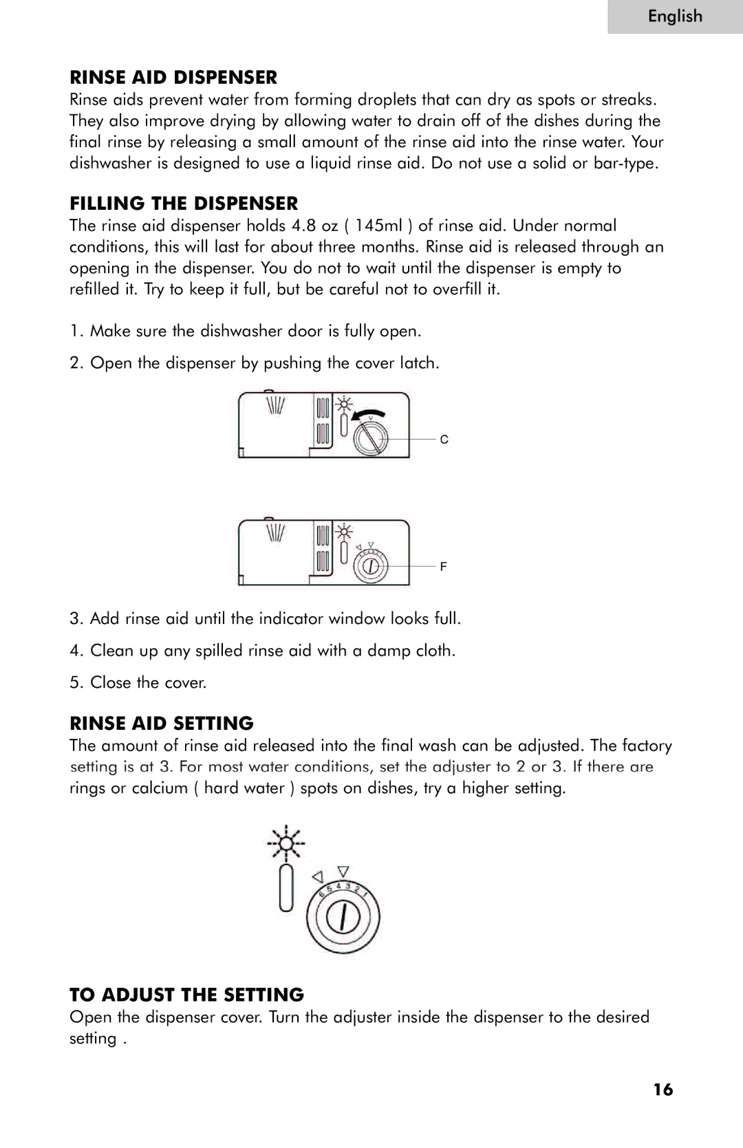 Haier ESD400, ESD402, ESD401 user manual Rinse AID Dispenser, Filling the Dispenser, Rinse AID Setting, To Adjust the Setting 