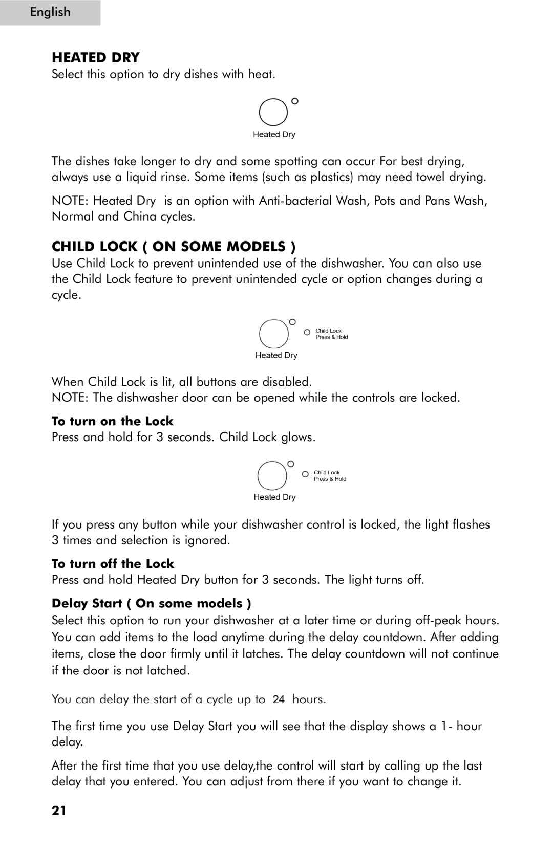Haier ESD401 Heated DRY, Child Lock on Some Models, To turn on the Lock, To turn off the Lock, Delay Start On some models 