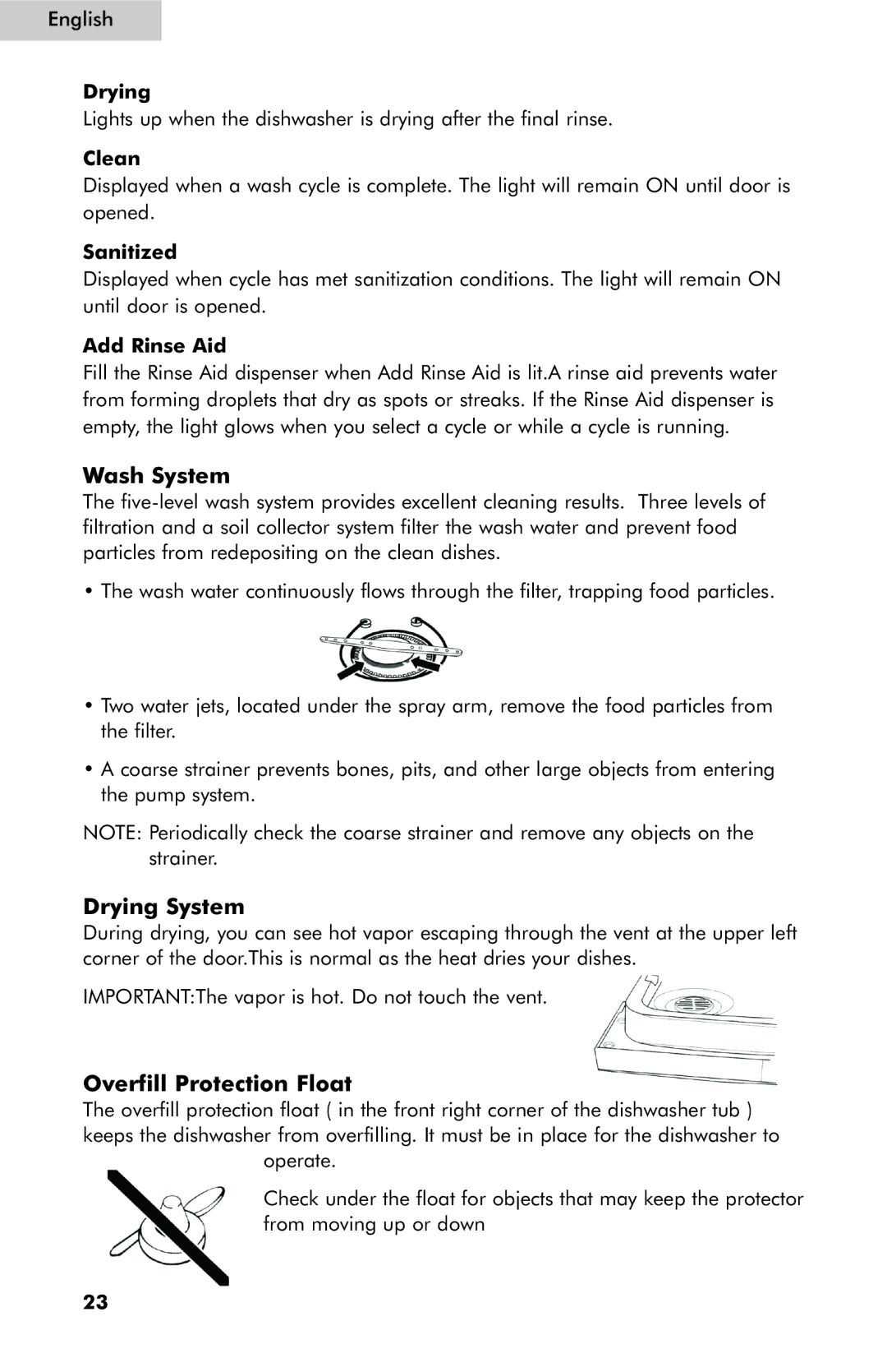 Haier ESD402, ESD401, ESD400 user manual Wash System, Drying System, Overfill Protection Float 