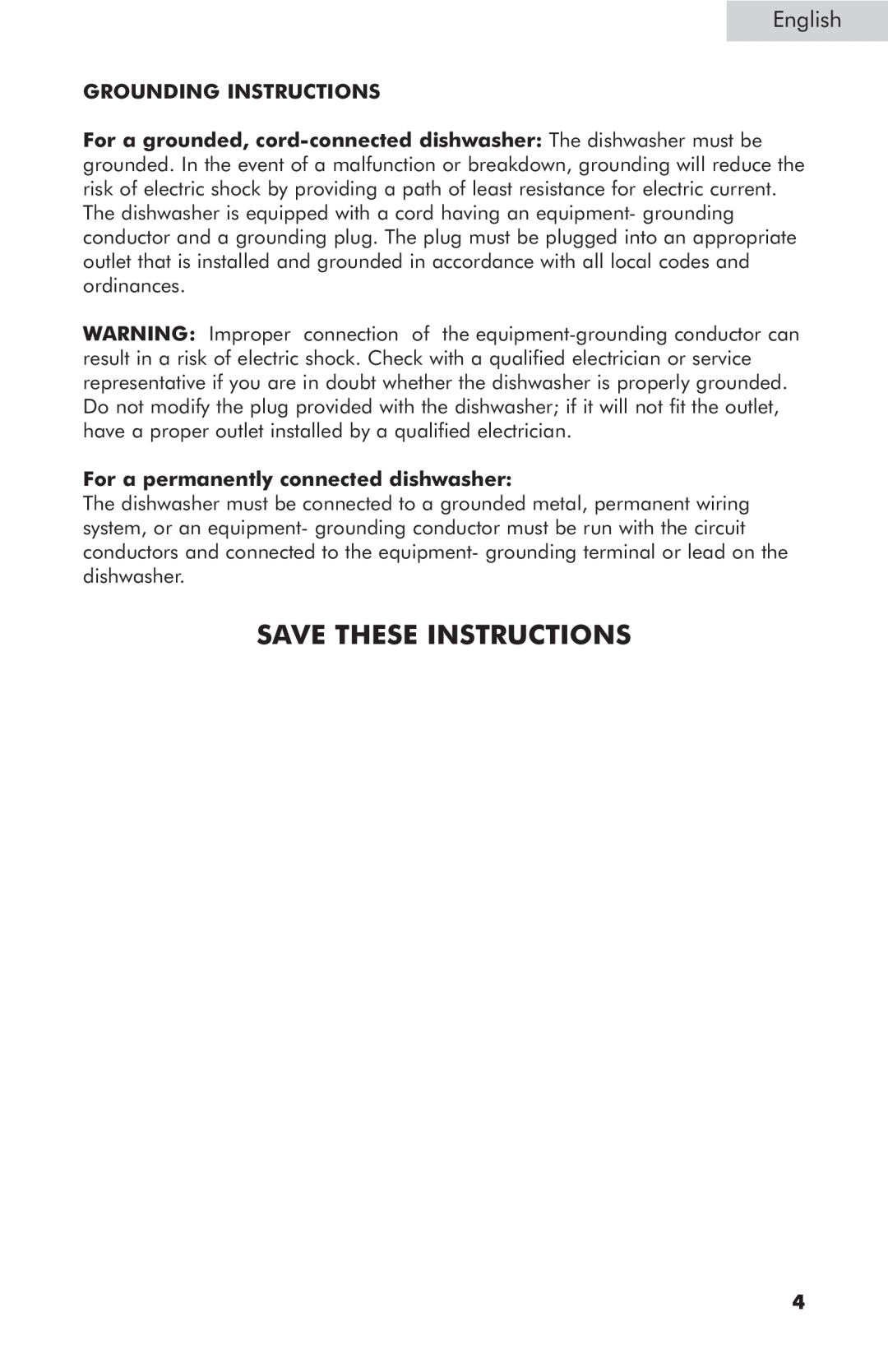 Haier ESD400, ESD402 Grounding Instructions, For a permanently connected dishwasher, Save These Instructions, English 