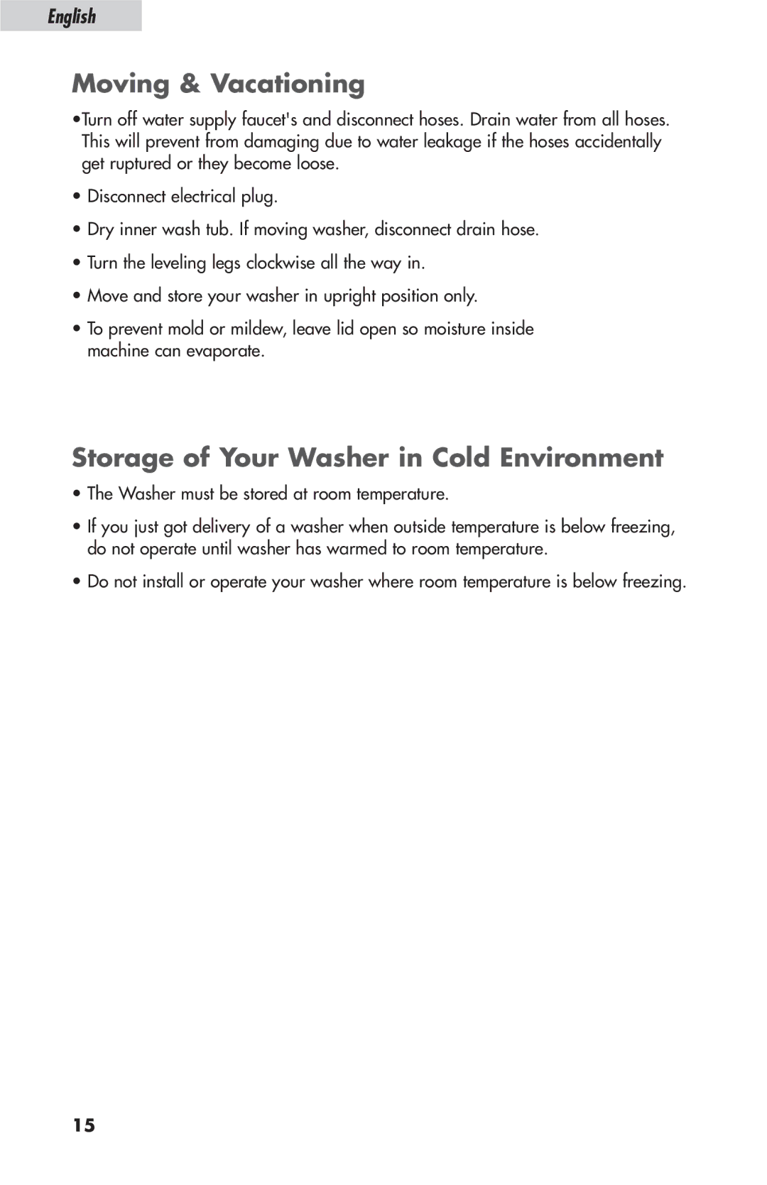 Haier ESL-T21 user manual Moving & Vacationing, Storage of Your Washer in Cold Environment 