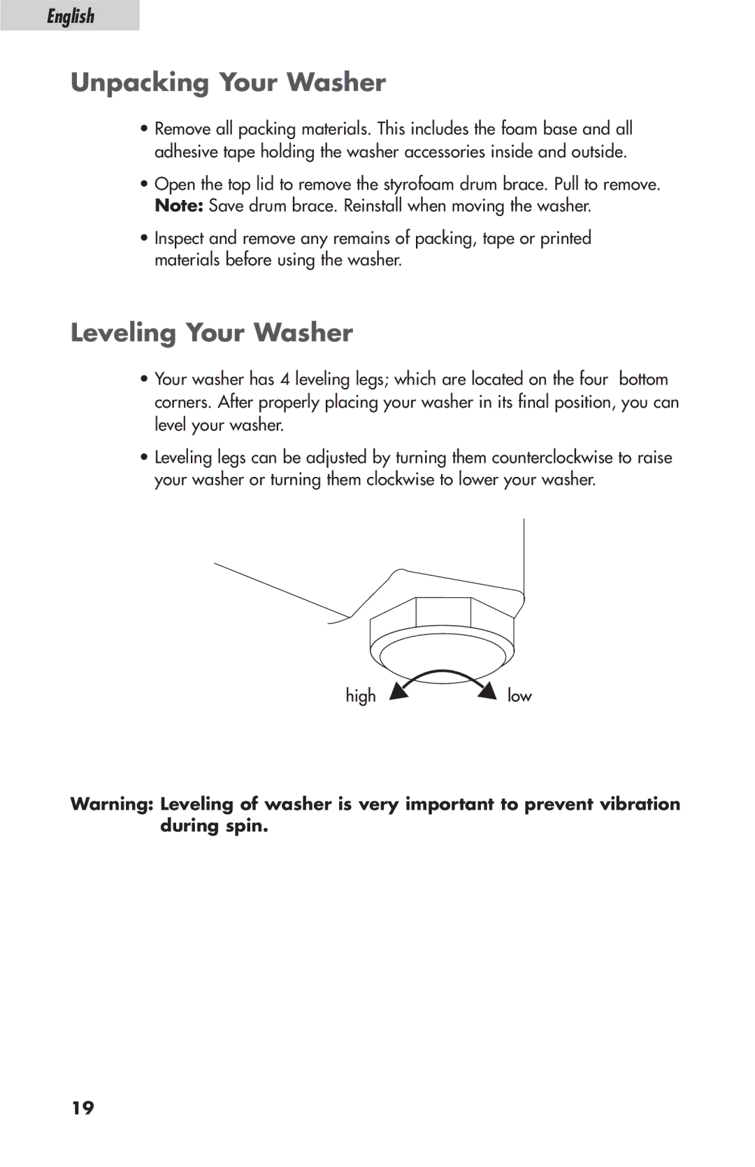 Haier ESL-T21 user manual Unpacking Your Washer, Leveling Your Washer 