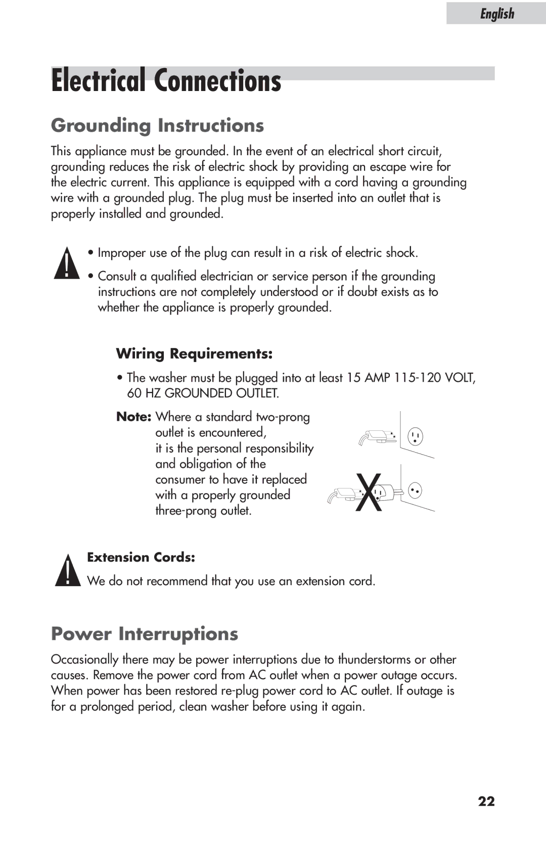 Haier ESL-T21 Electrical Connections, Grounding Instructions, Power Interruptions, Wiring Requirements, Extension Cords 