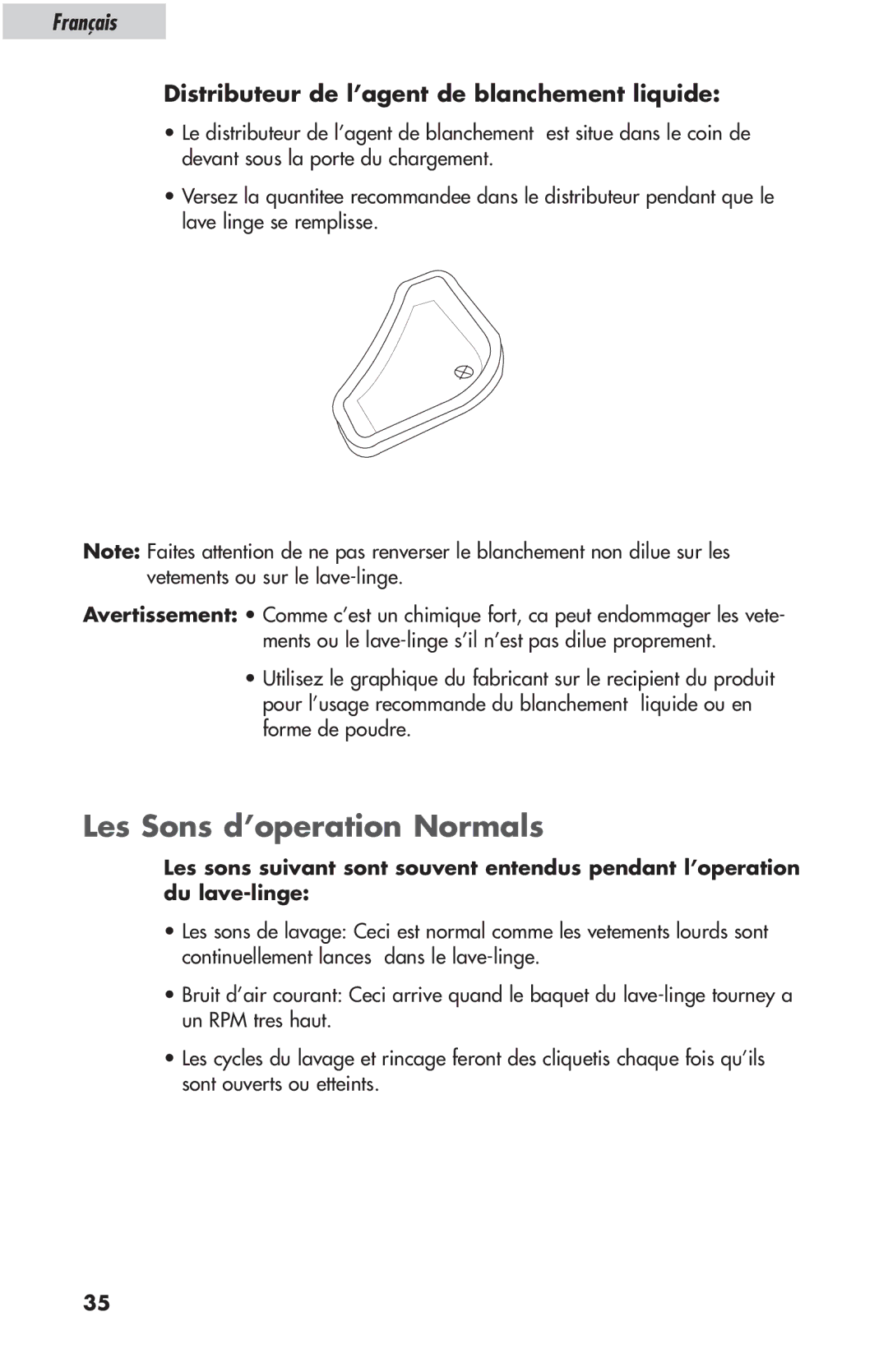 Haier ESL-T21 user manual Les Sons d’operation Normals, Distributeur de l’agent de blanchement liquide 