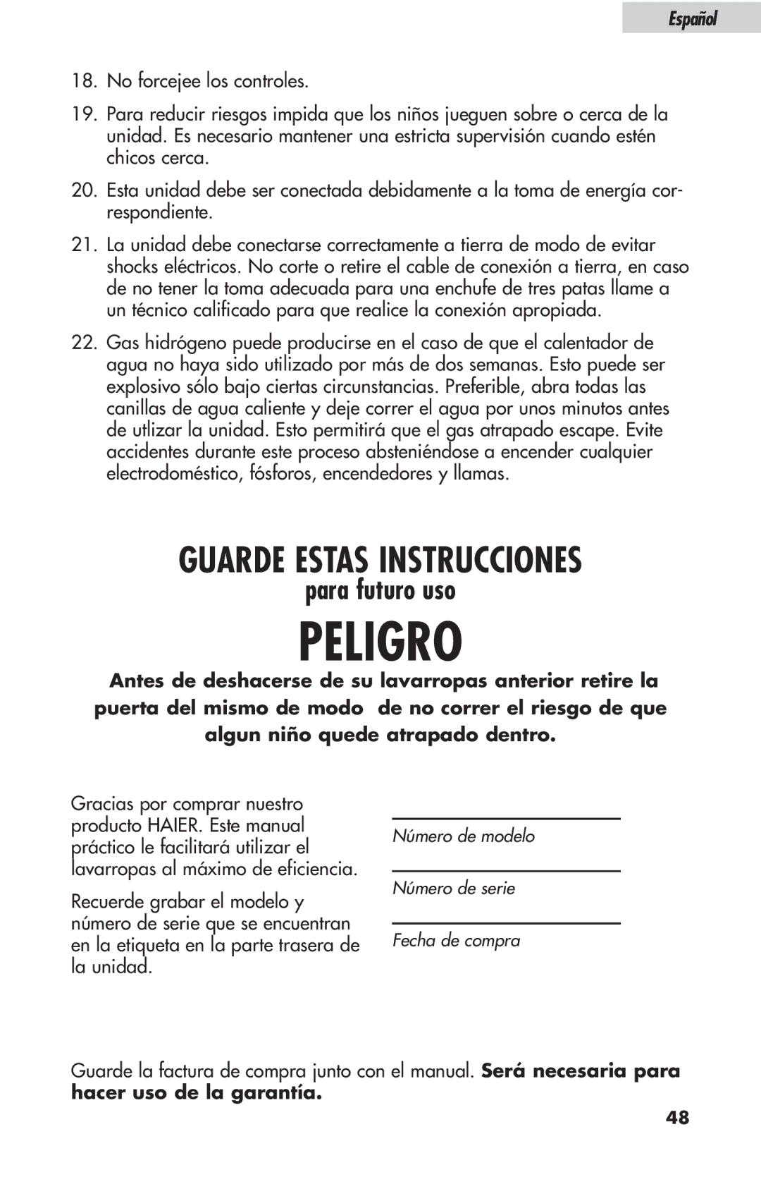 Haier ESL-T21 user manual Peligro, Hacer uso de la garantía 