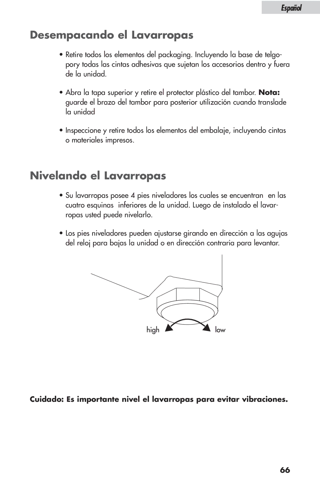 Haier ESL-T21 user manual Desempacando el Lavarropas, Nivelando el Lavarropas 