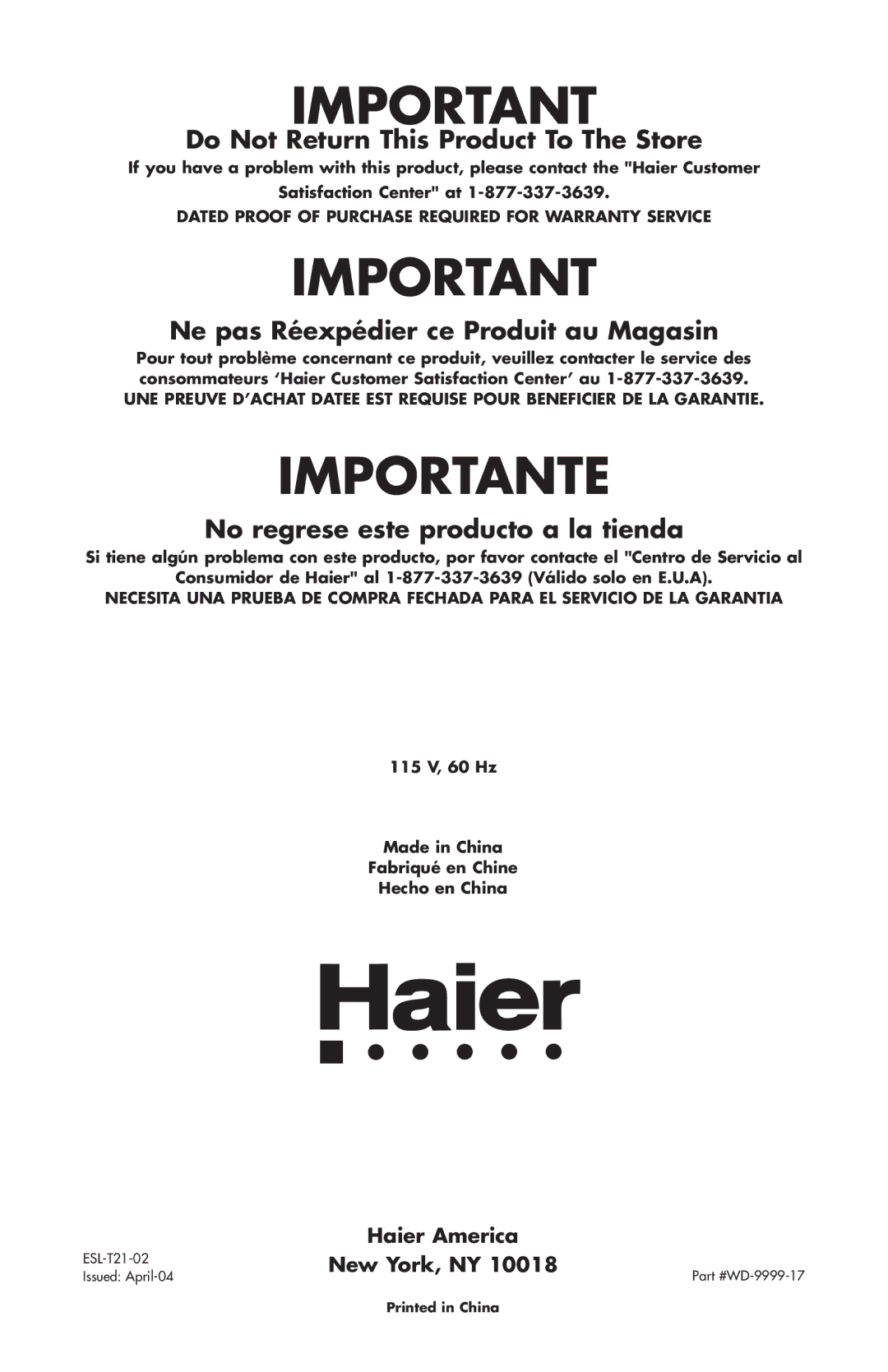 Haier ESL-T21 user manual Haier America, New York, NY 