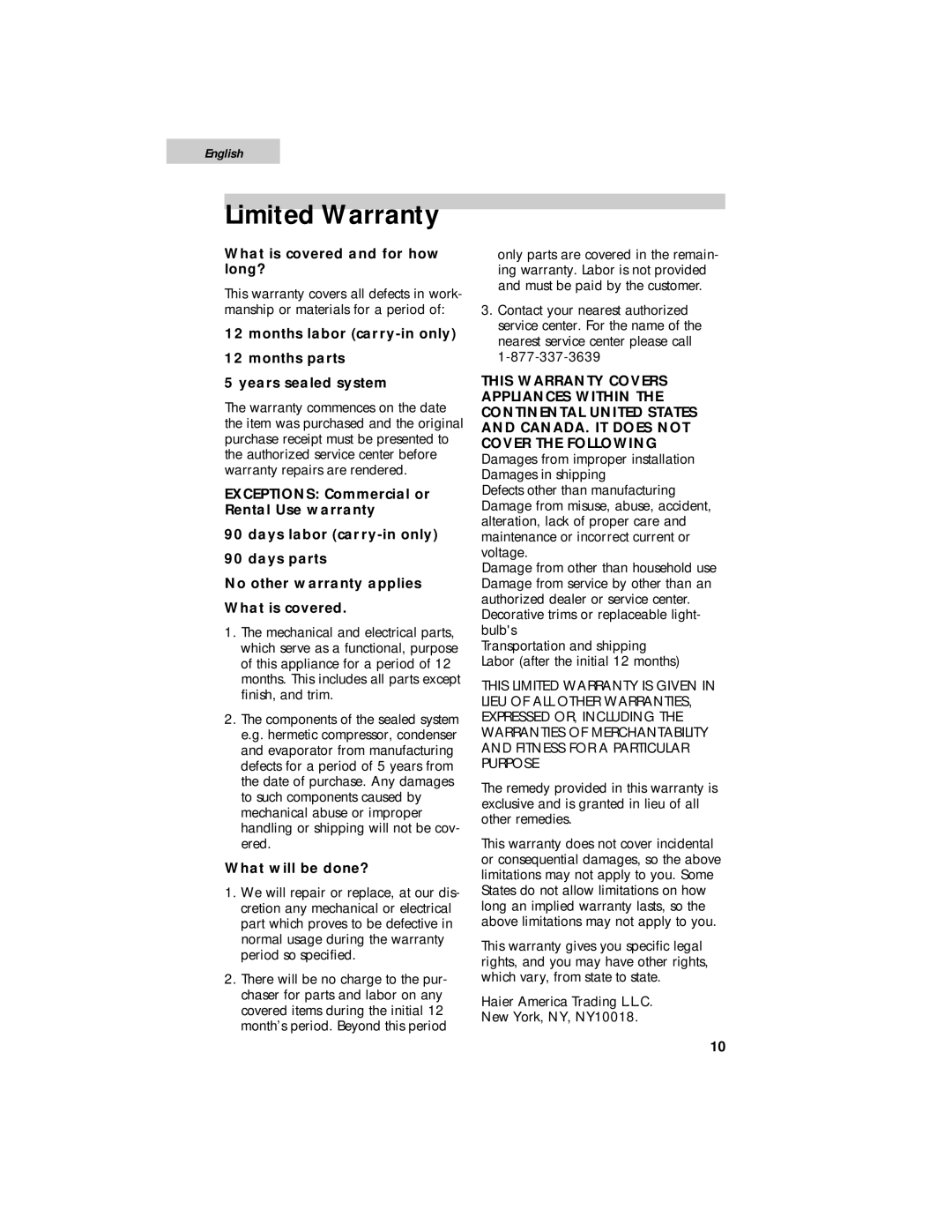 Haier ESR042PBB user manual Limited Warranty 